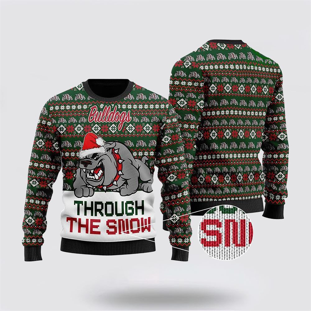 Funny Christmas Bulldogs Through The Snow Christmas Ugly Sweater