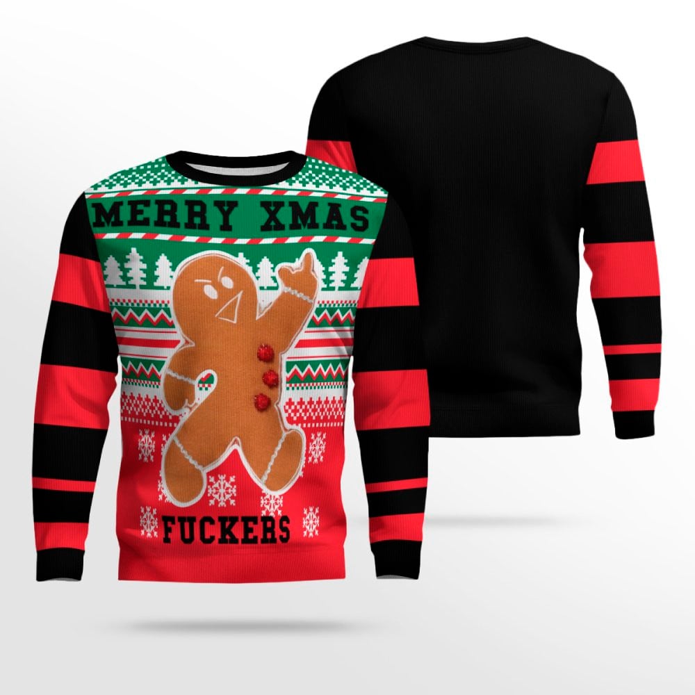 Gingerbread Merry Xmas Fuckers Ugly Christmas Sweater Black