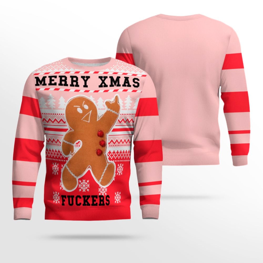 Gingerbread Merry Xmas Fuckers Ugly Christmas Sweater Powder Pink