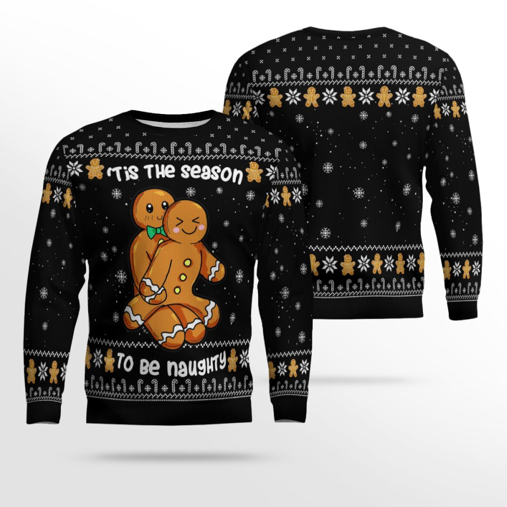 Gingerbread Tis The Season To Be Naughty Christmas Sweater Black