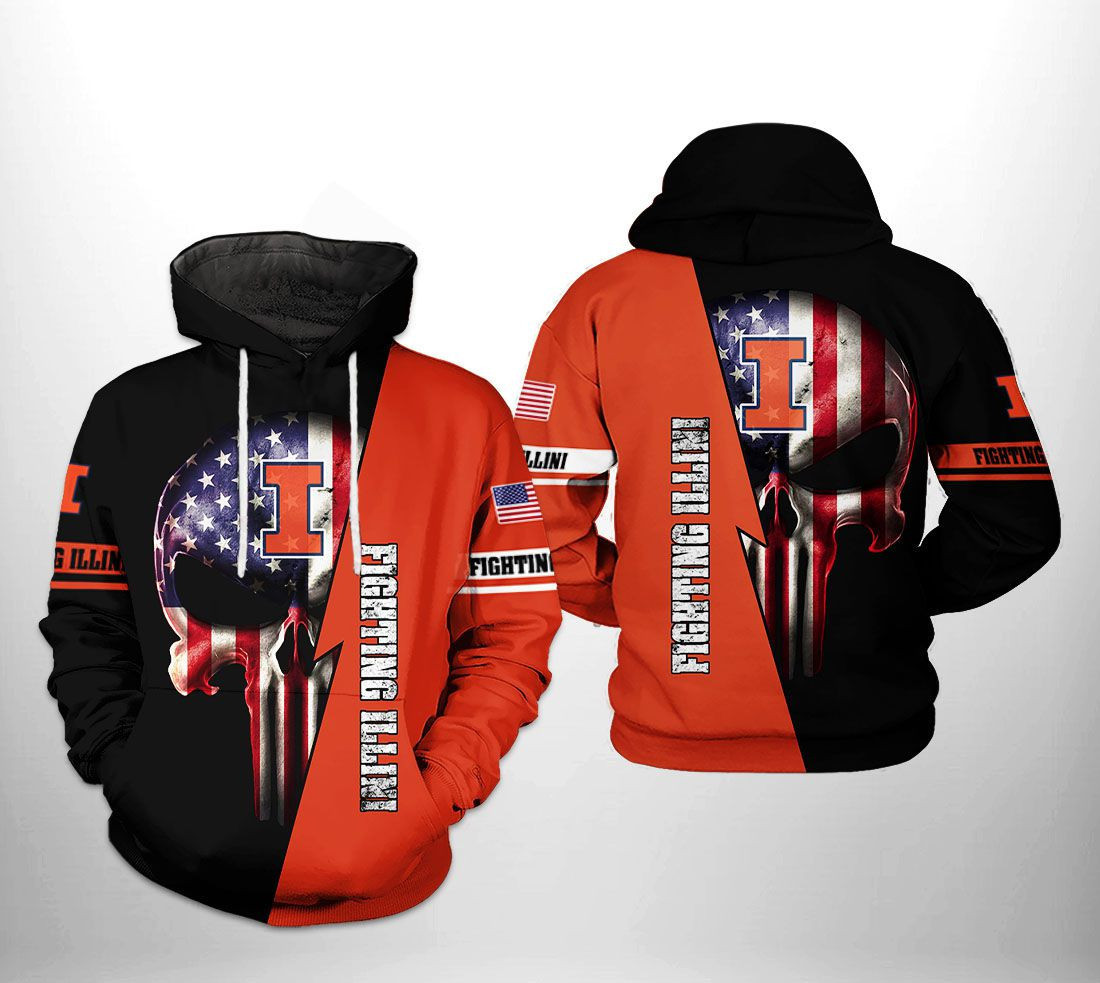 Illinois Fighting Illini NCAA US Flag Skull Hoodie Zip Hoodie
