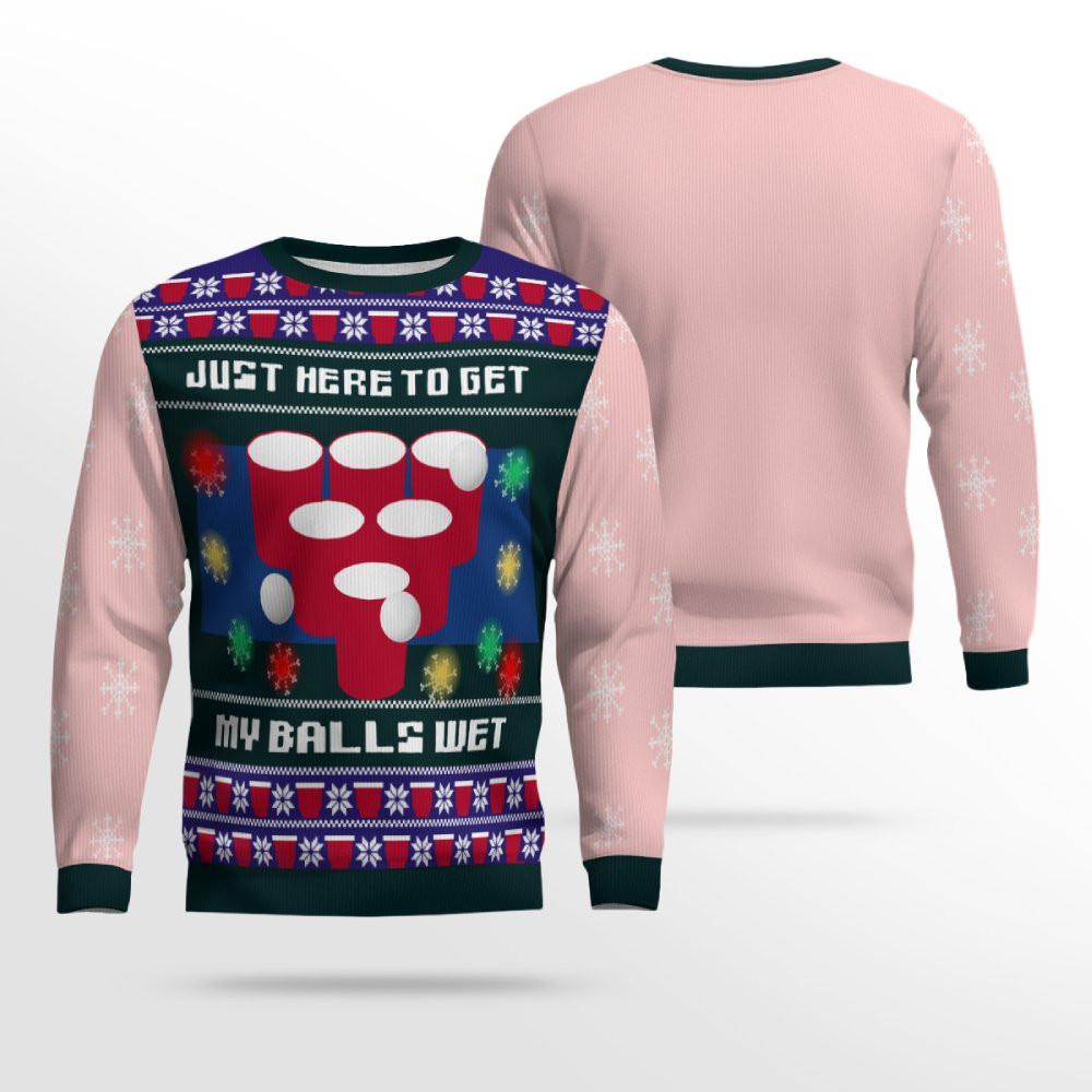 Just Here to Get My Balls Wet Beer Pong Ugly Christmas Sweater Powder Pink