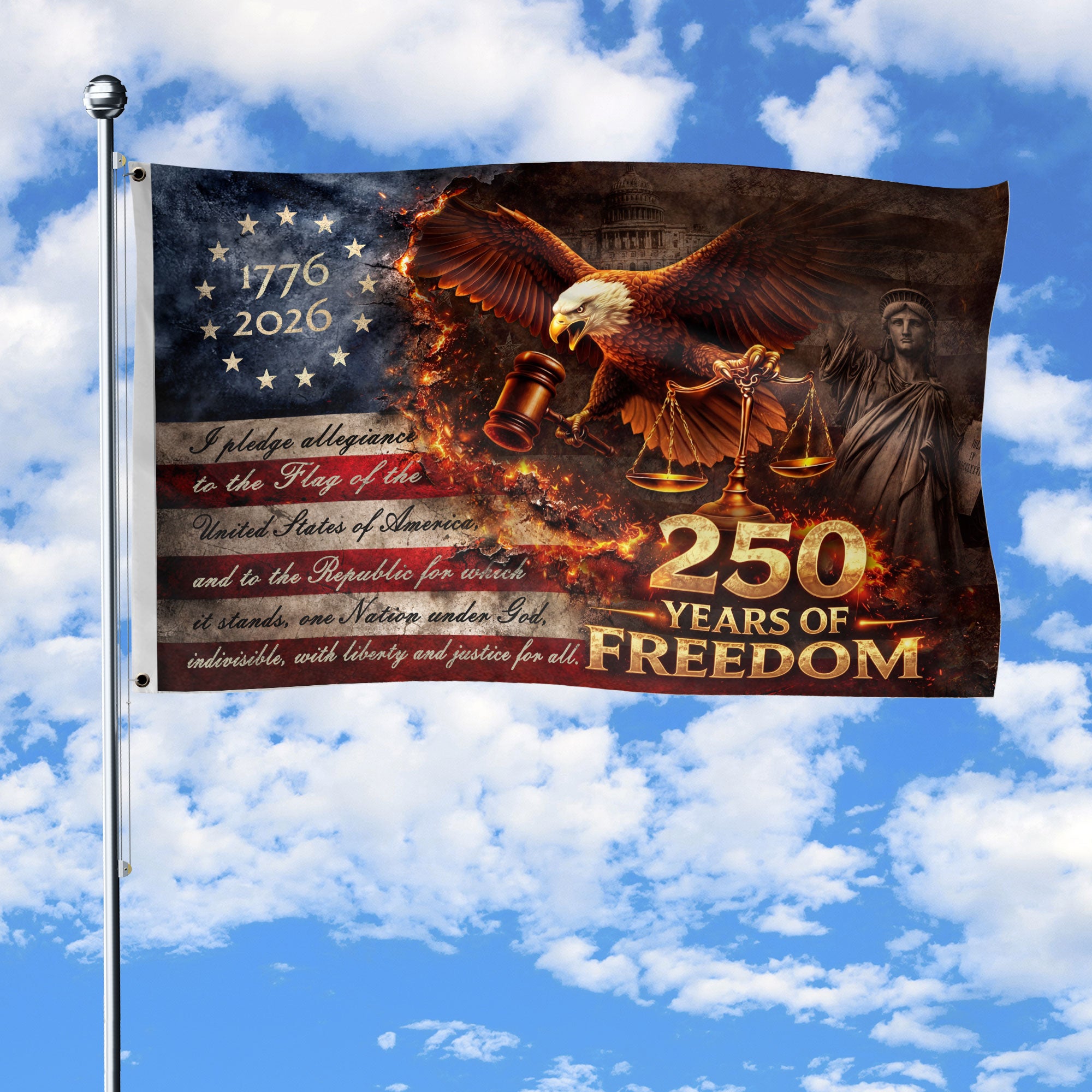 Justice Gavel Eagle House Flag 1776-2026 We The People 250 Years Patriotic