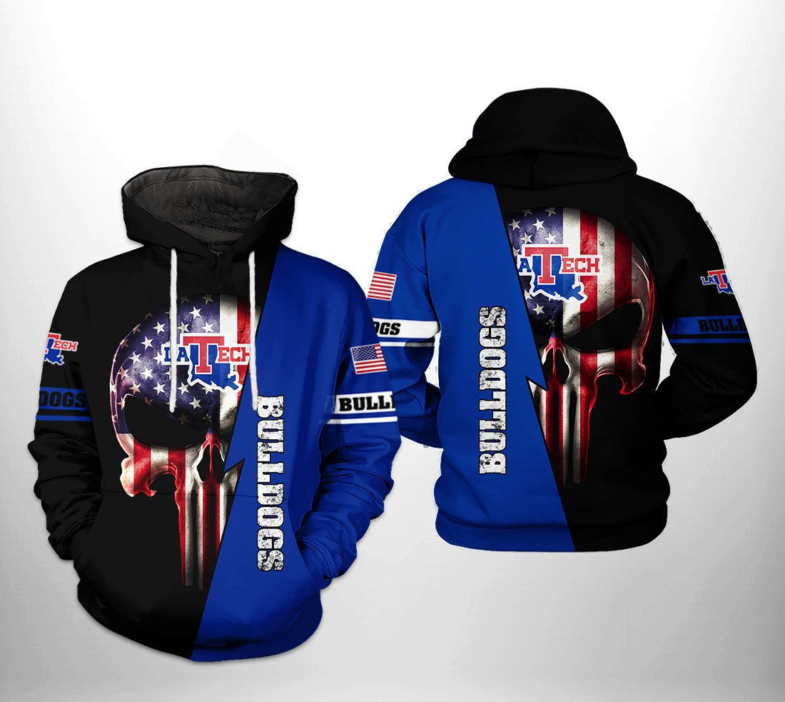 Louisiana Tech Bulldogs NCAA US Flag Skull Hoodie Zip Hoodie