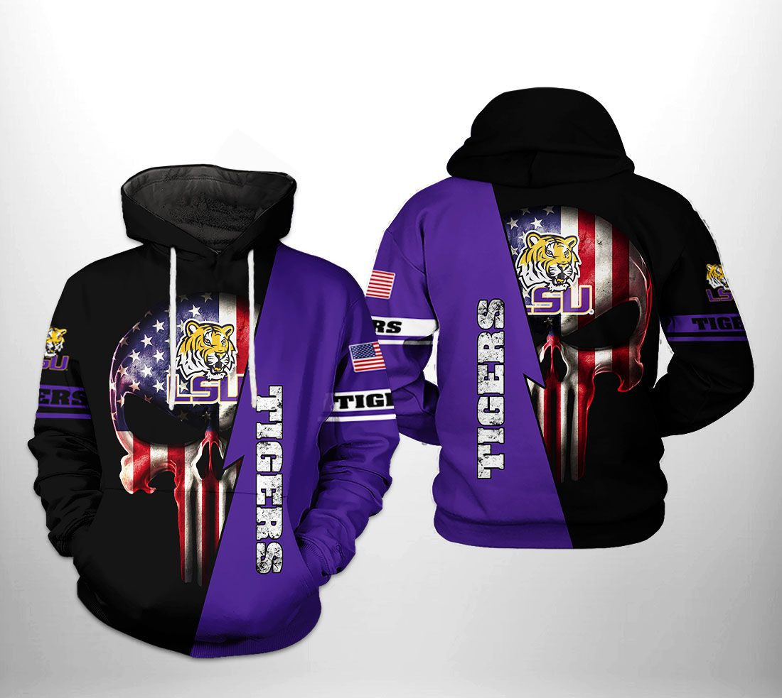 LSU Tigers NCAA US Flag Skull Hoodie Zip Hoodie
