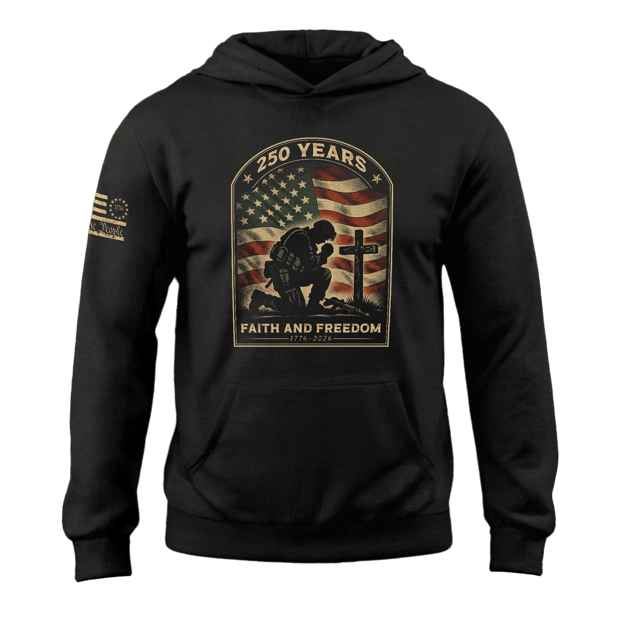 Men's America 250th Anniversary Hoodie 1776-2026 Kneeling Soldier Cross US Flag Patriotic Military