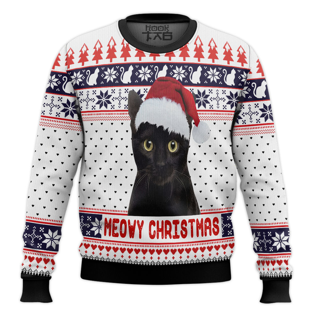Meowy Christmas Cat With Santa Hat Ugly Christmas Sweater