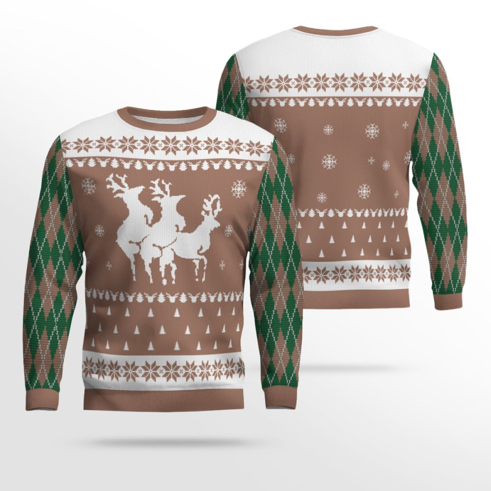 Naughty Reindeer Threesome Ugly Christmas Sweater Mocha Mousse