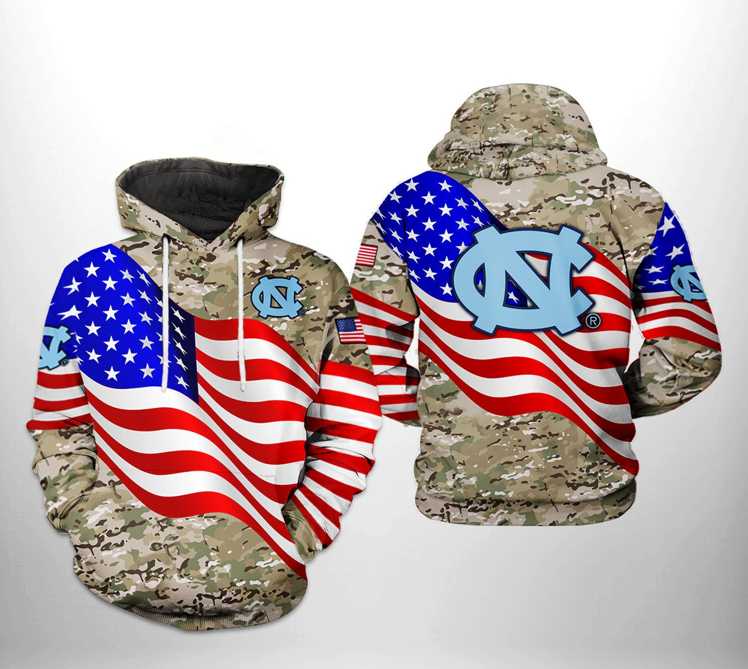 North Carolina Tar Heels NCAA US Flag Camo Veteran Hoodie Zip Hoodie