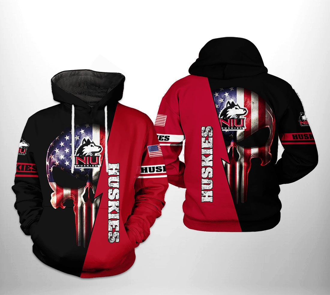 Northern Illinois Huskies NCAA US Flag Skull Hoodie Zip Hoodie