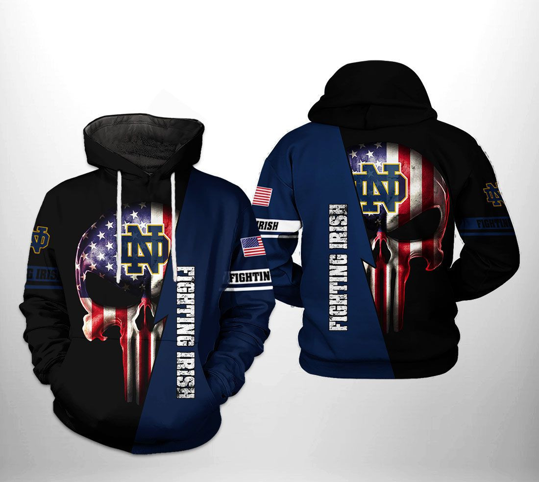 Notre Dame Fighting Irish NCAA US Flag Skull Hoodie Zip Hoodie