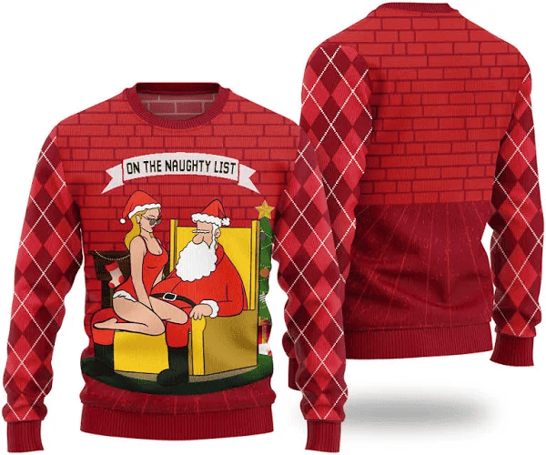 On The Naughty List Santa With Sexy Girl Ugly Christmas Sweater