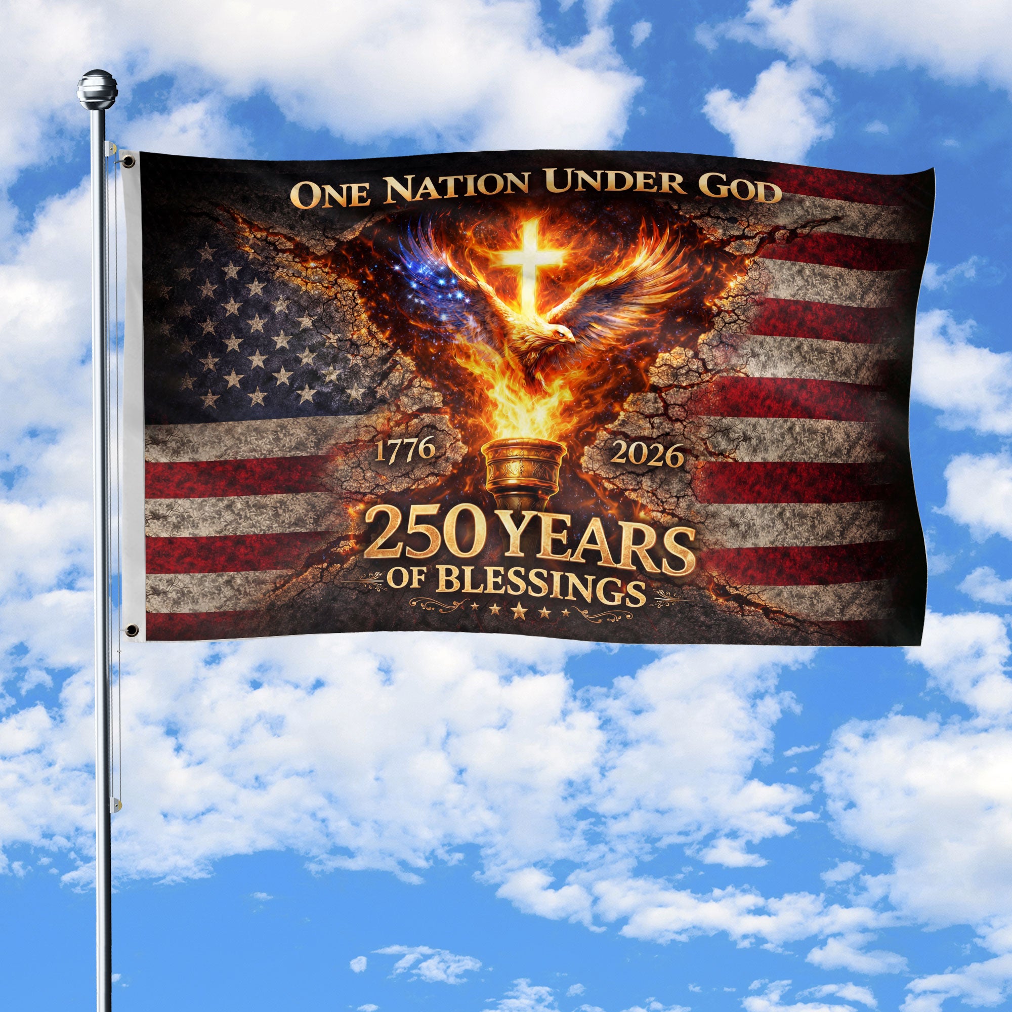 One Nation Under God 250 Years USA Flag 1776-2026 Eagle Cross Christian Double Sided House Flag