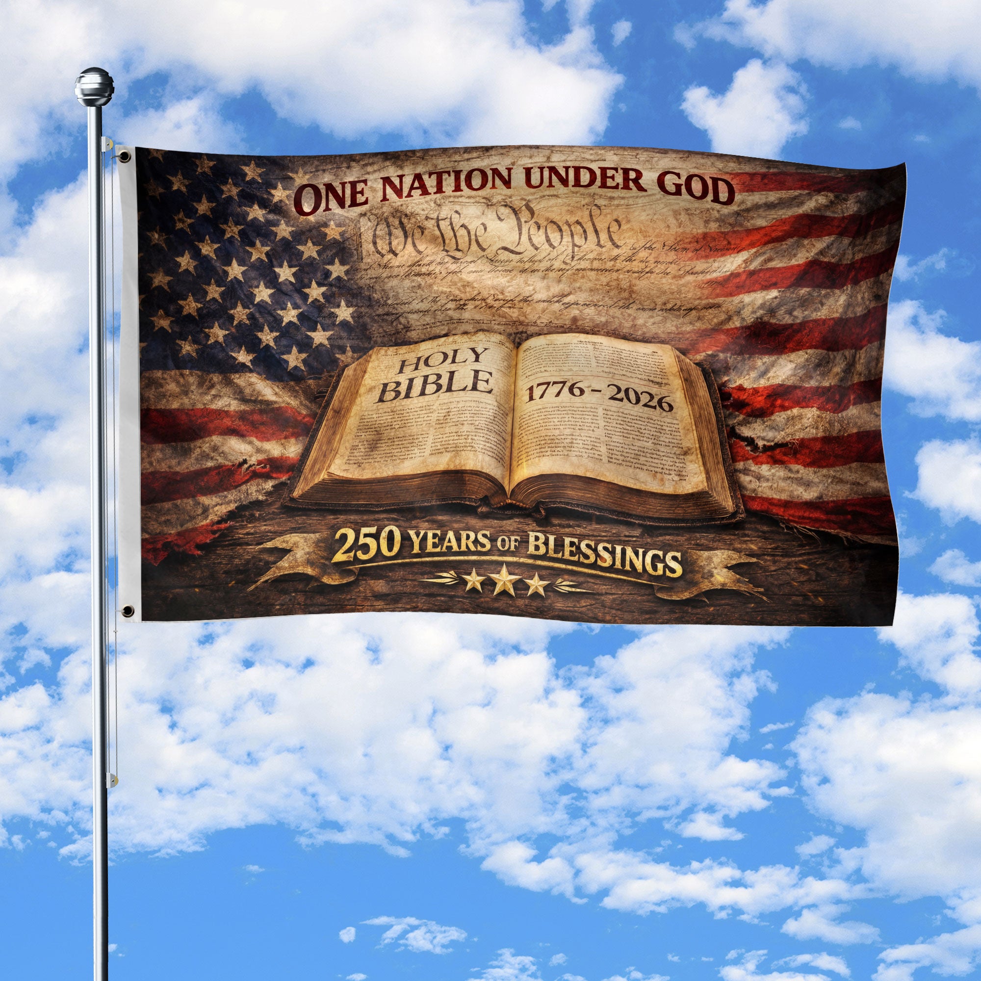 One Nation Under God 250th Anniversary Flag 1776-2026 Holy Bible We the People Patriotic Banner