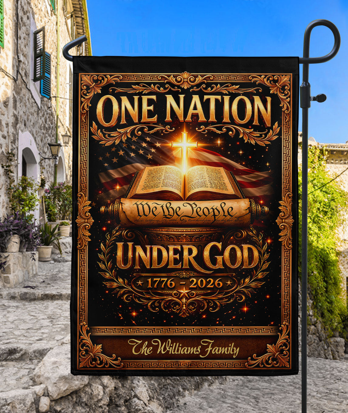 One Nation Under God 250th Anniversary Garden Flag Custom Family Name Bible Cross We the People 1776-2026