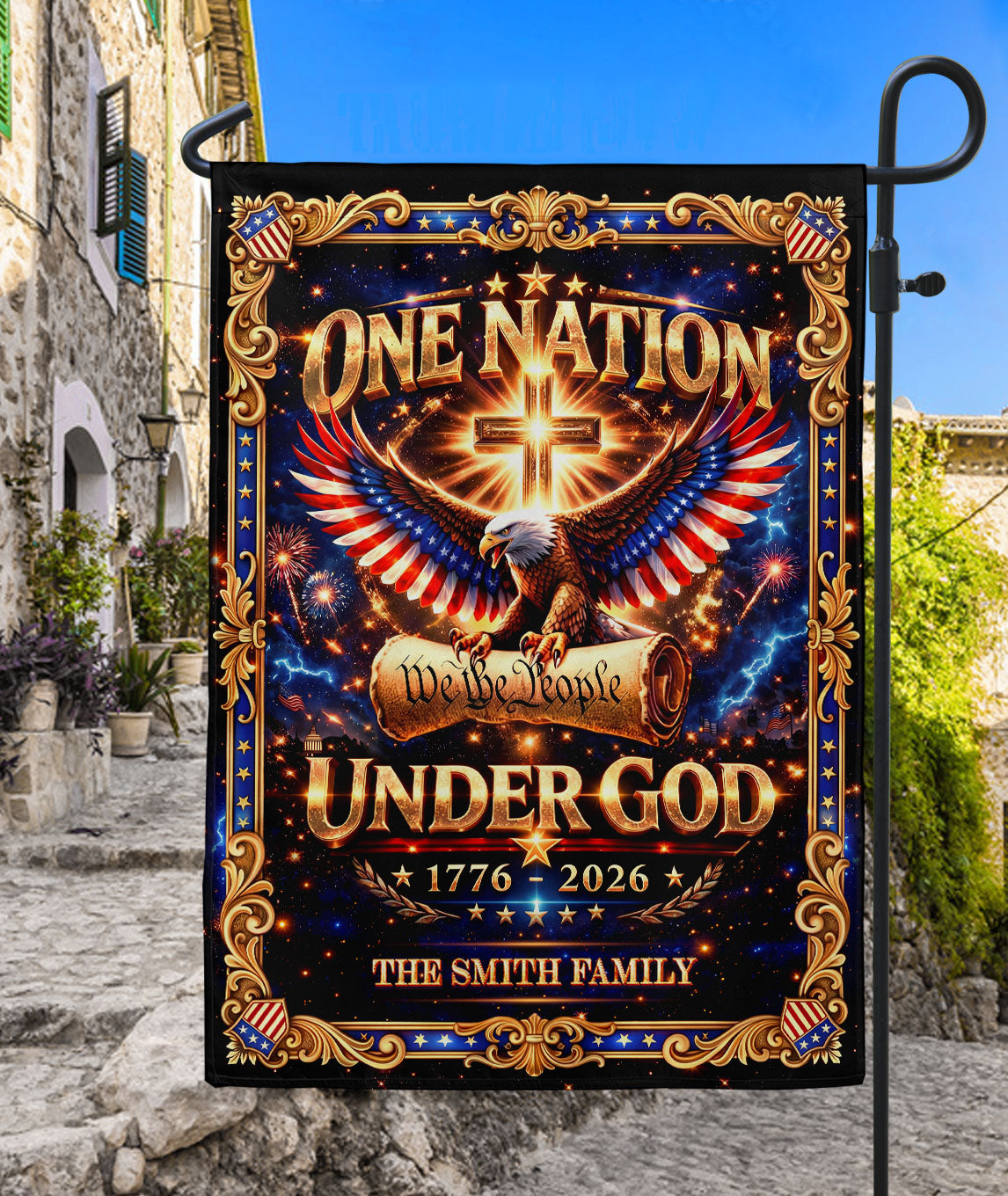One Nation Under God 250th Anniversary Garden Flag Custom Family Name Eagle Cross We the People 1776-2026