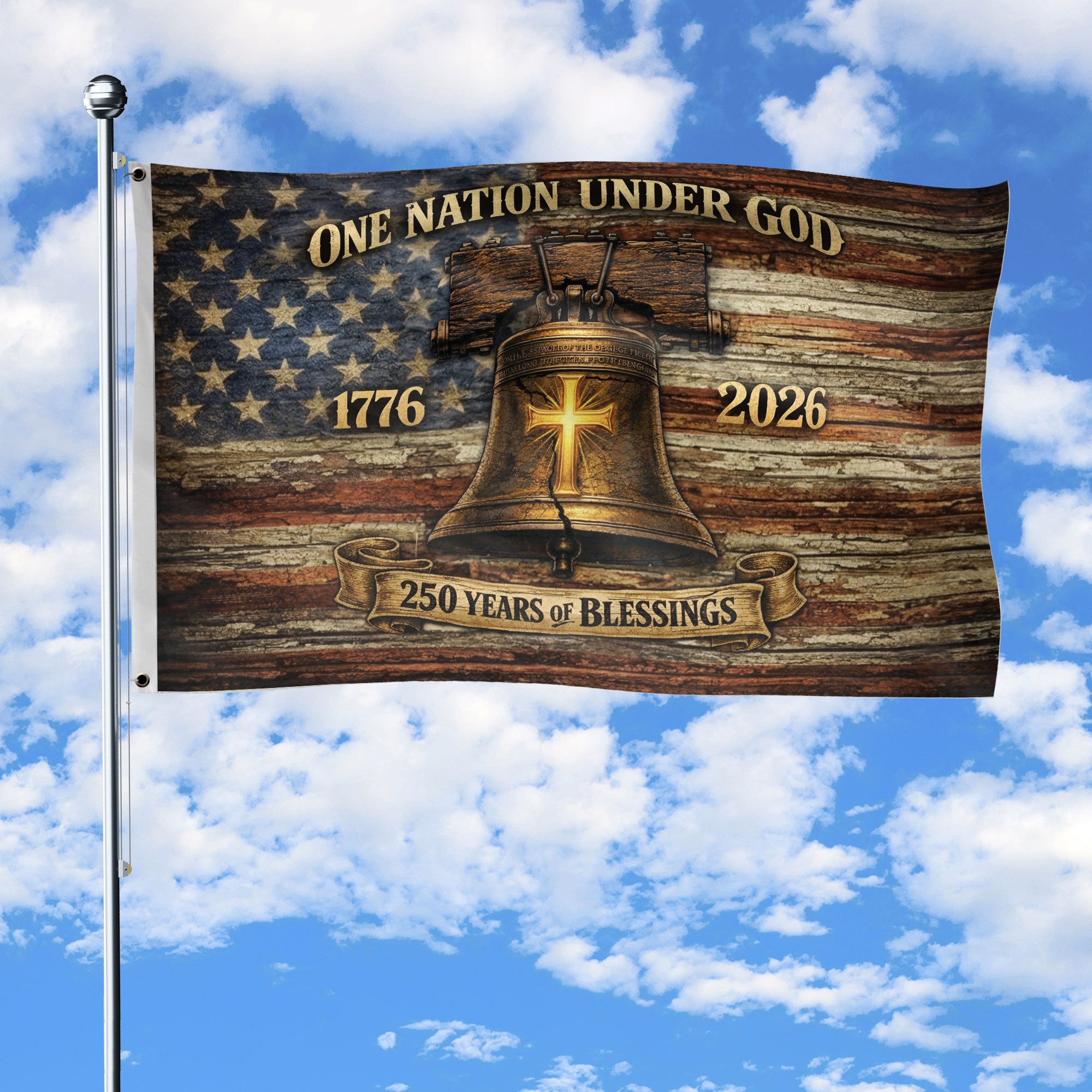 One Nation Under God America 250th Anniversary Double Sided Flag Liberty Bell Cross 1776-2026