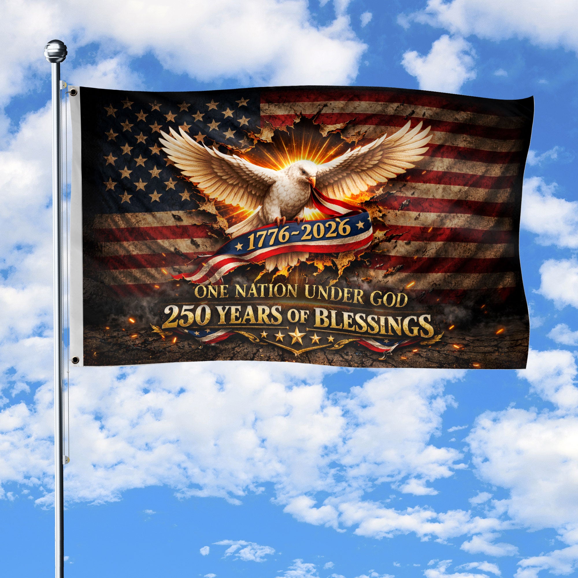 One Nation Under God House Flag 1776-2026 Patriotic Eagle 250 Years USA Blessings Decor