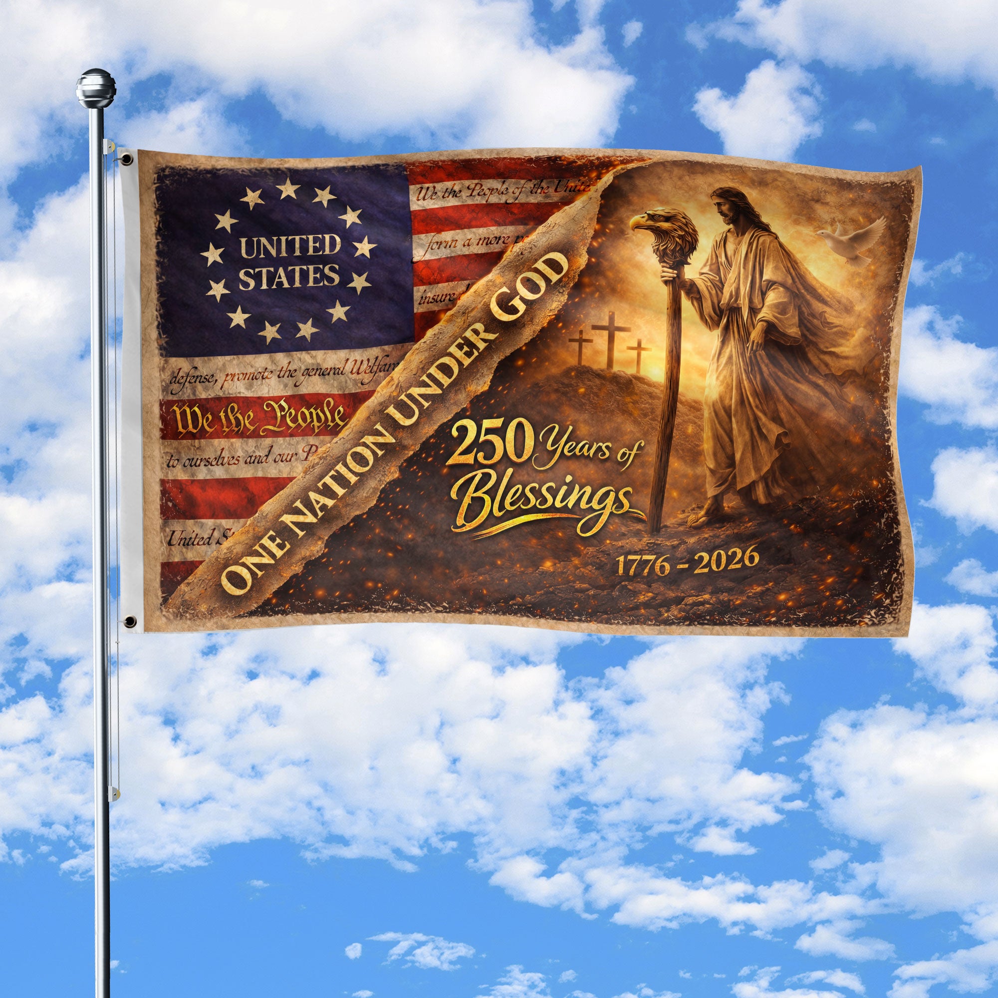 One Nation Under God USA House Flag 1776-2026 Jesus Patriotic 250th Anniversary