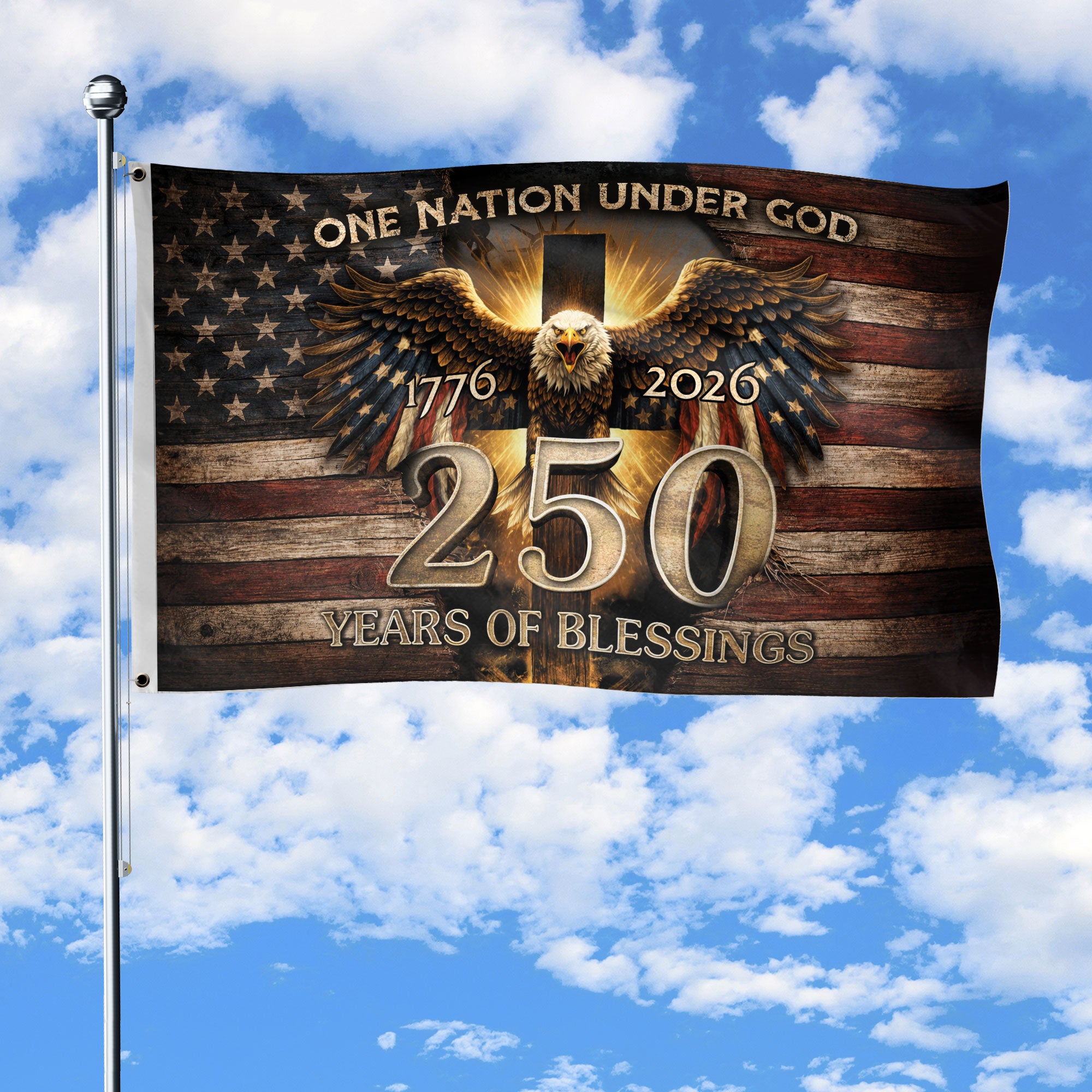 Patriotic Christian House Flag 250th USA Anniversary 1776-2026 One Nation Under God Eagle Cross