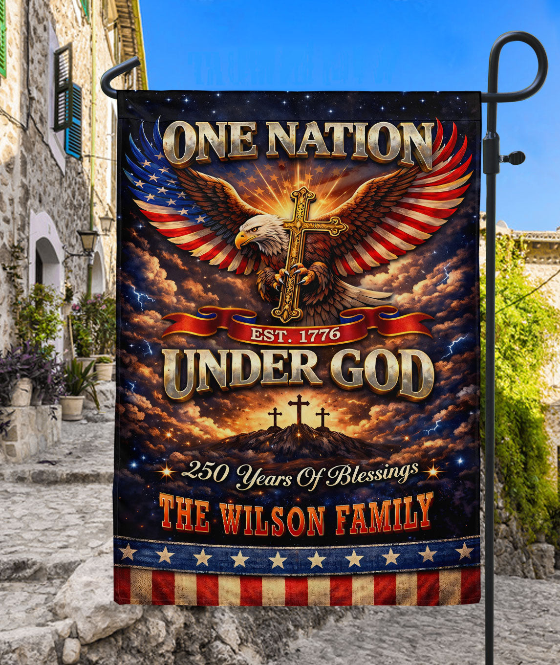 Personalized Patriotic Faith Garden Flag with Eagle Cross 250-Year American Celebration 1776-2026