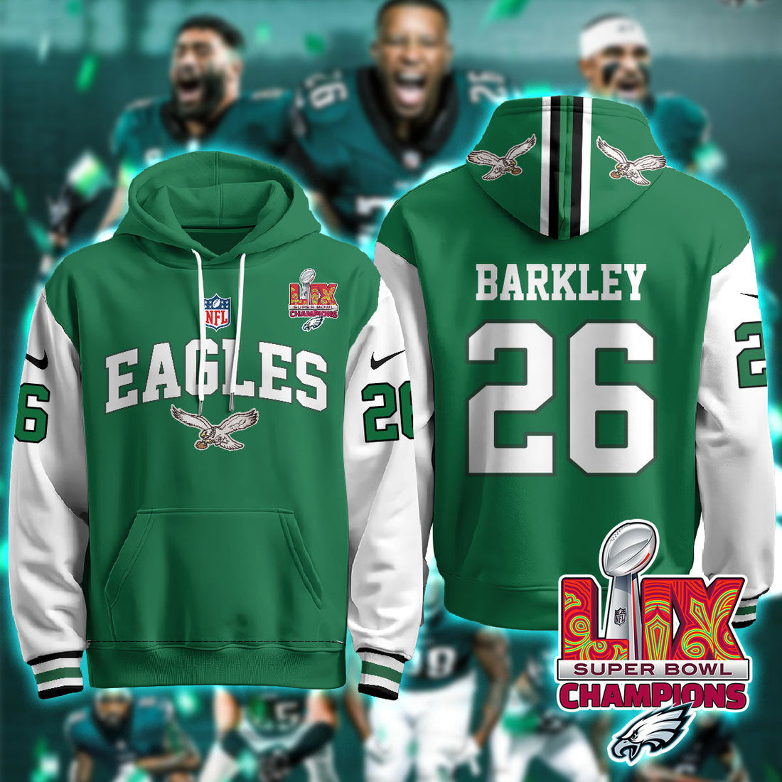 Philadelphia Eagles Barkley 26 Super Bowl LIX Champions Green Alternate Hoodie