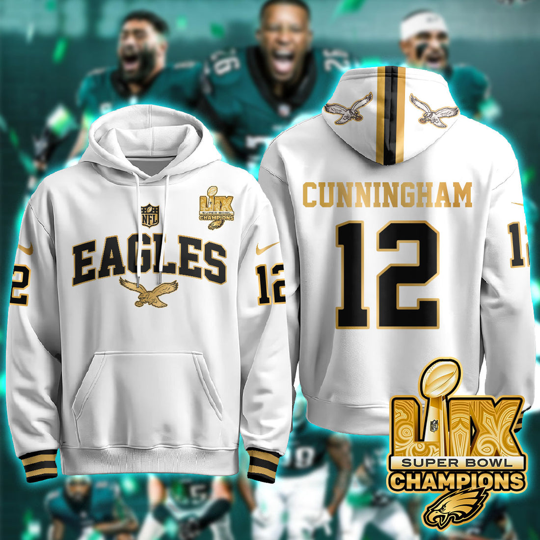 Philadelphia Eagles Cunningham 12 Super Bowl LIX Champions Gold White Gold Hoodie
