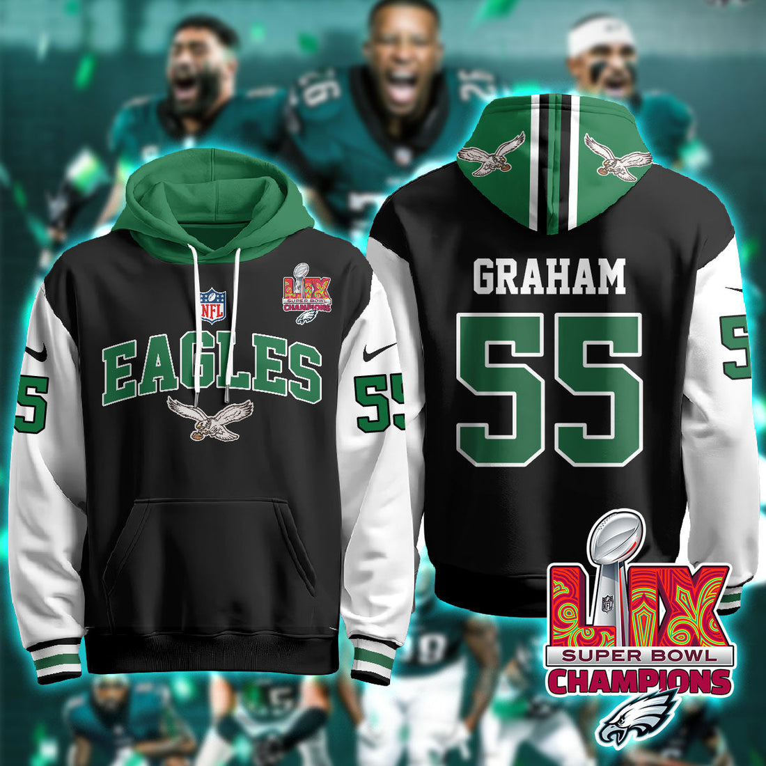 Philadelphia Eagles Graham 55 Super Bowl LIX Champions Black Alternate Hoodie