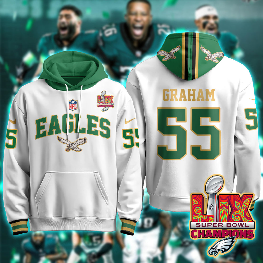 Philadelphia Eagles Graham 55 Super Bowl LIX Champions Gold White Hoodie