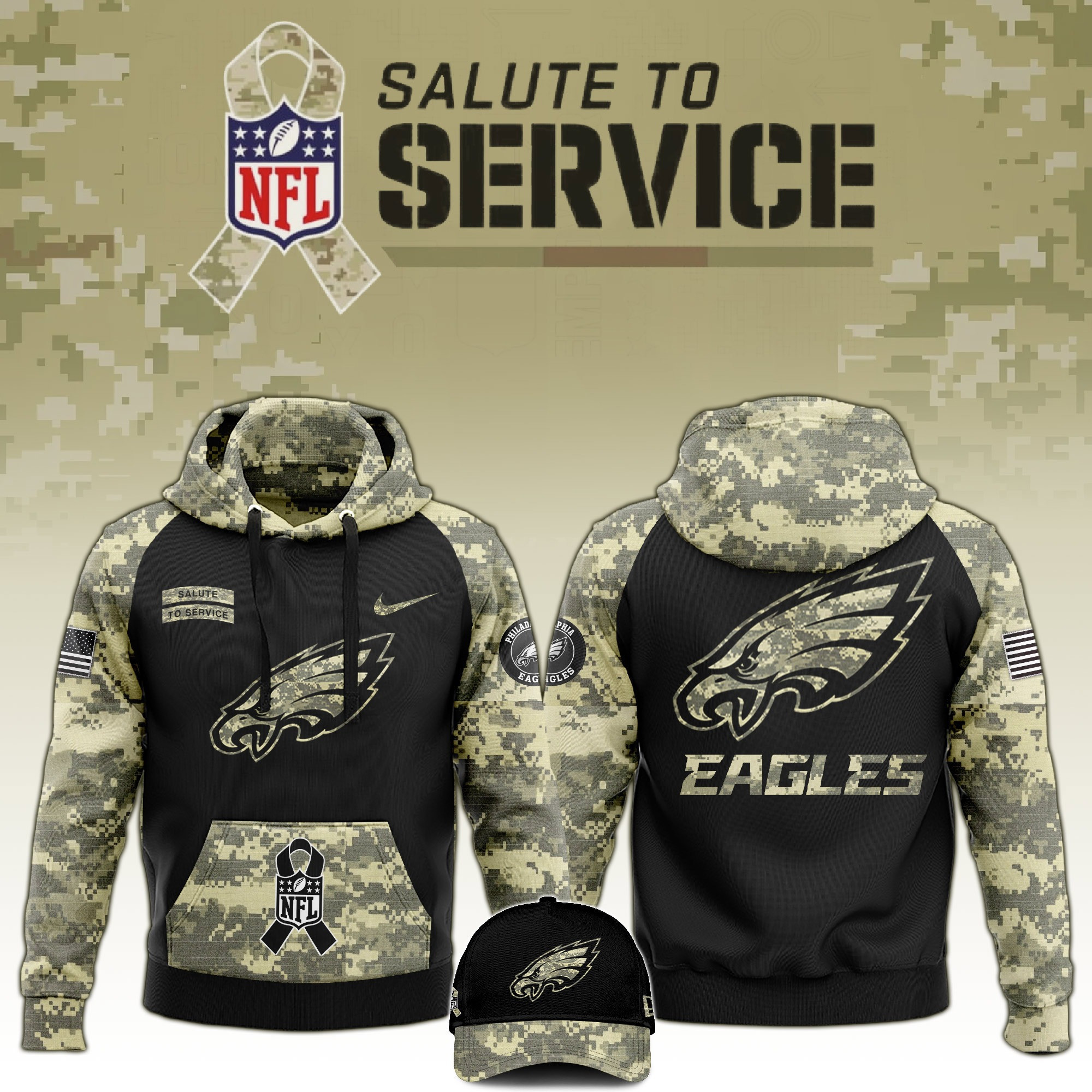 Philadelphia Eagles Salute to Service Club Camo Hoodie And Hat Best Eagles Merch