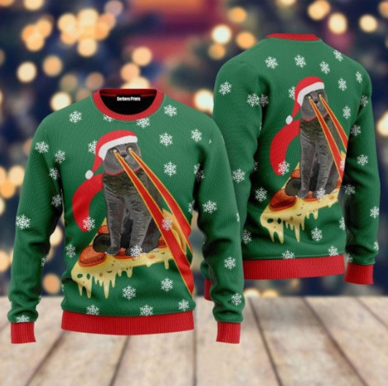 Pizza Cat With Laser Eyes Christmas Ugly Sweater