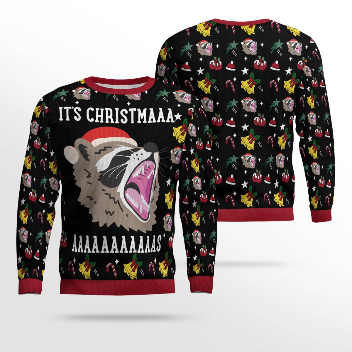 Raccoon Its Christmas Ugly Christmas Sweater Black