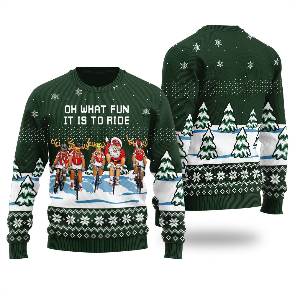 Raindeer and Santa Claus Oh What Fun It Is To Ride Ugly Christmas Sweater Green
