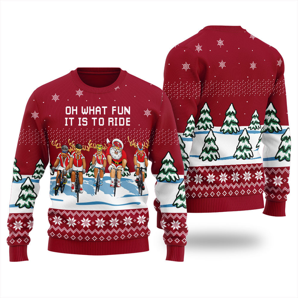 Raindeer and Santa Claus Oh What Fun It Is To Ride Ugly Christmas Sweater Red
