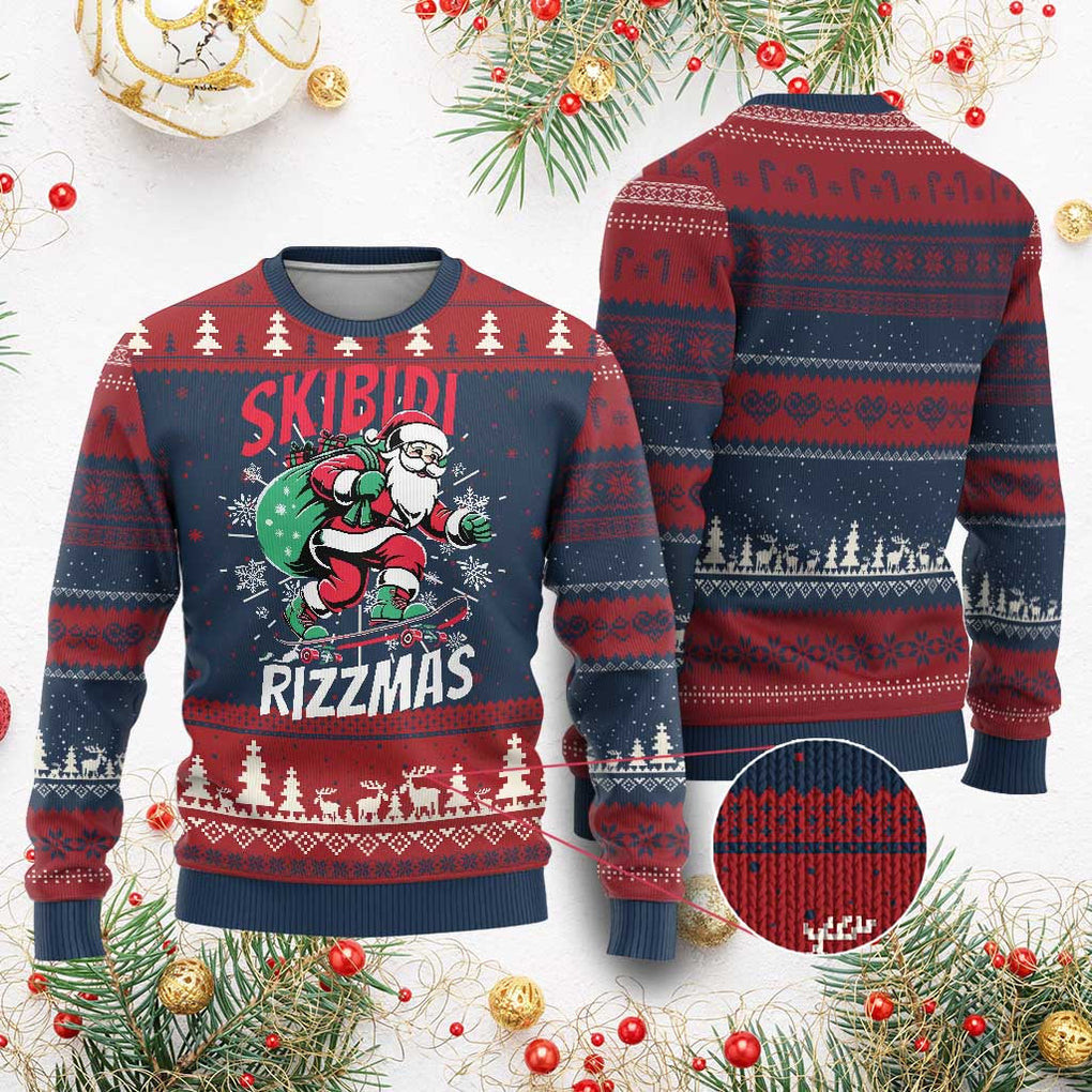 Retro Skibidi Rizzmas Claus Skating Board Xmas Sweater