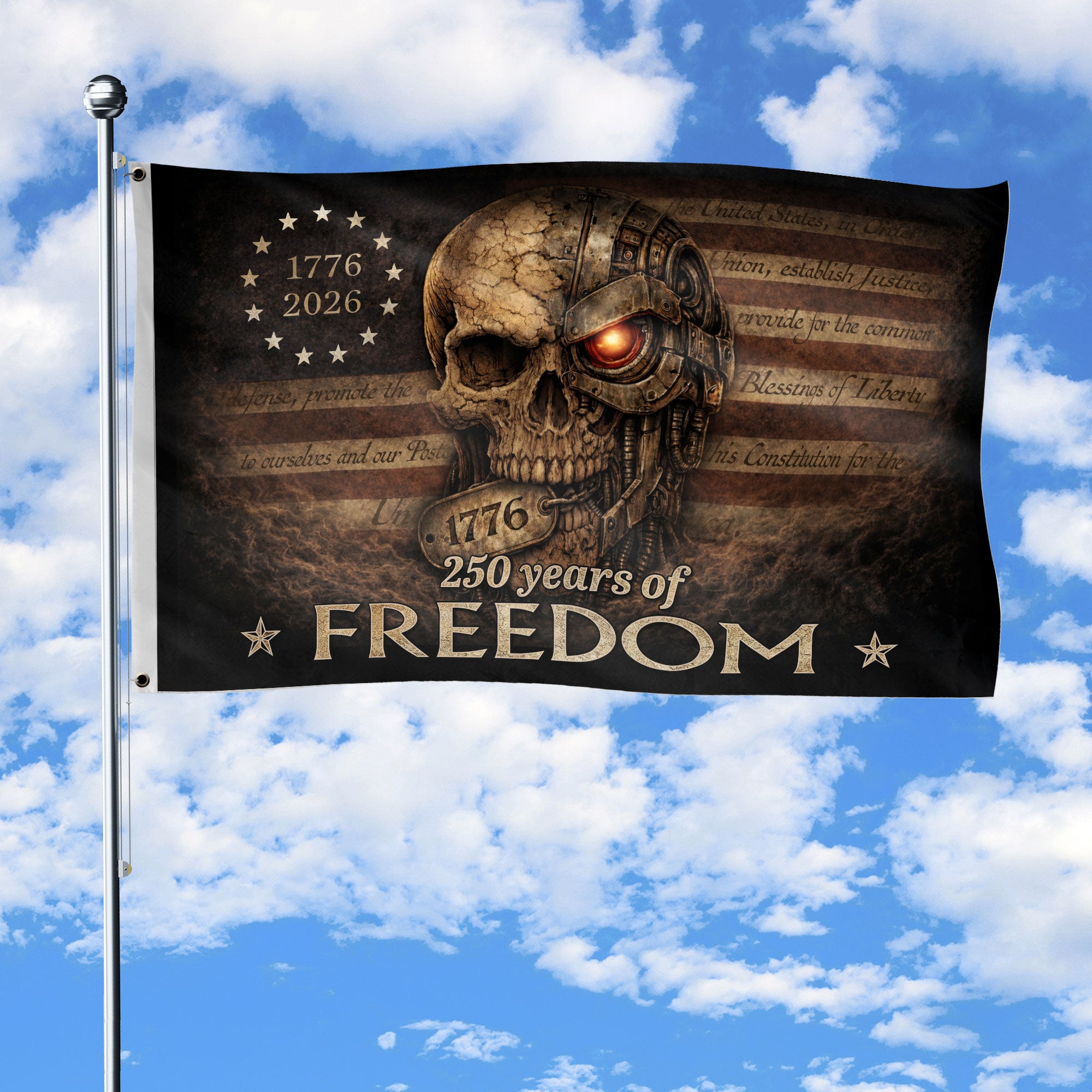 United States 250 Years America Anniversary Flag 1776-2026 Mechanical Metal Cyber Skull Patriotic Design