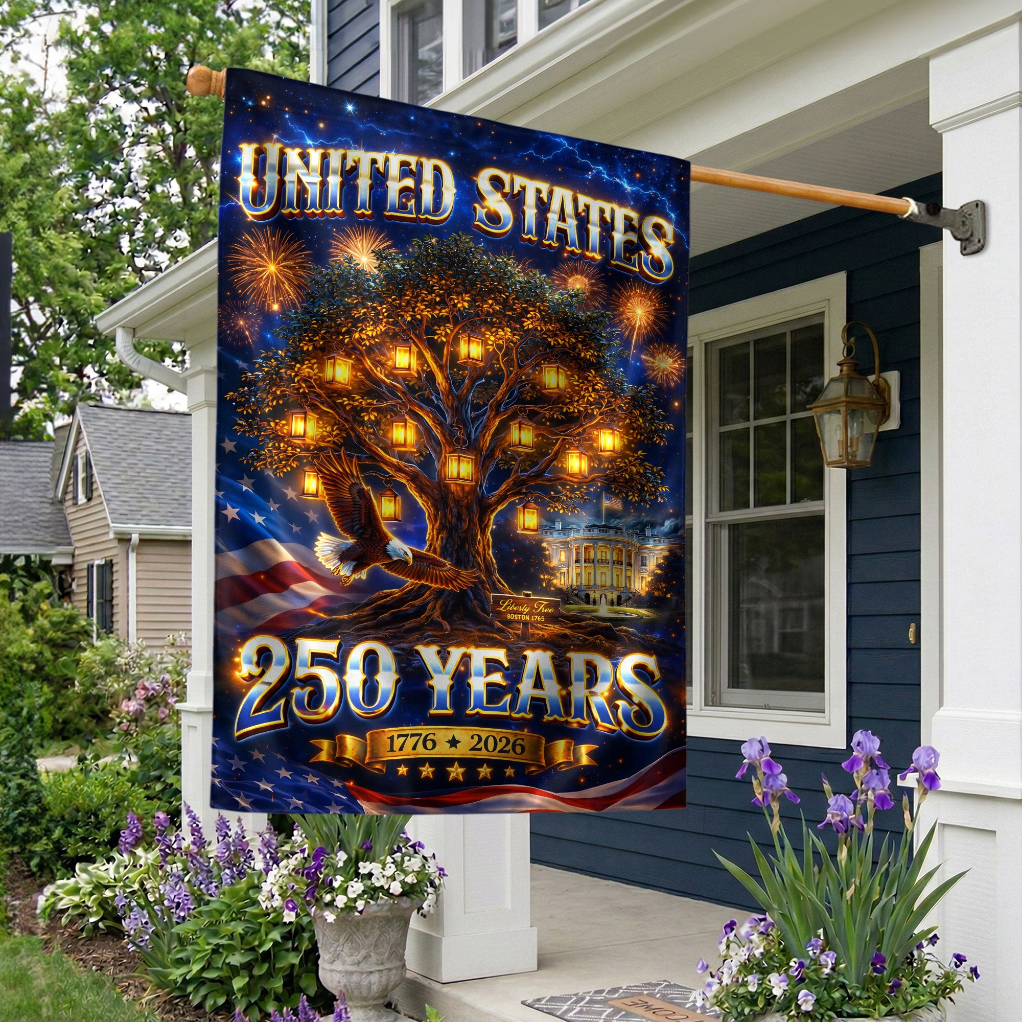 United States 250 Years House Flag Freedom Tree Eagle 1776-2026 Patriotic Banner