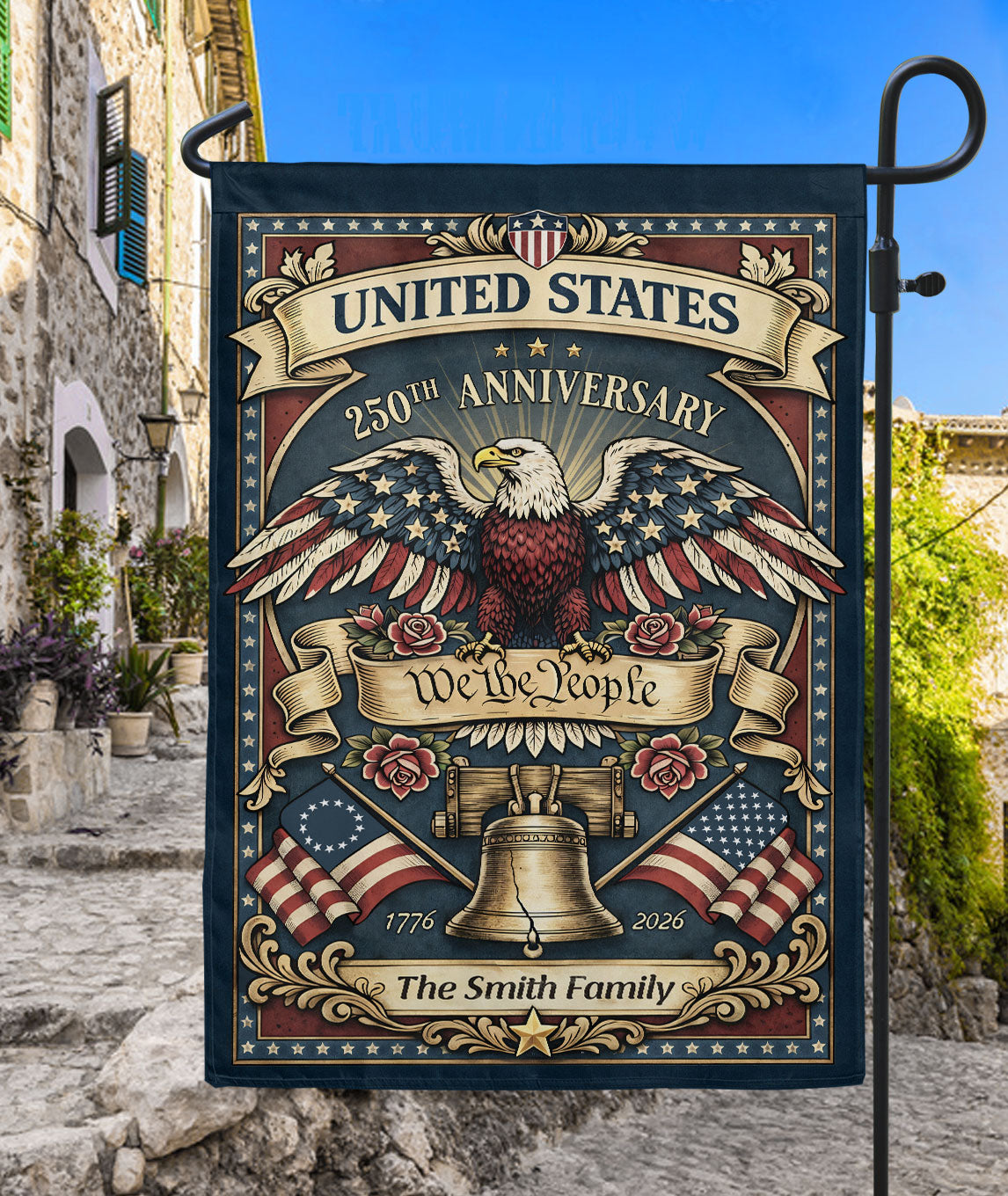 United States 250th Anniversary Garden Flag Custom Family Name Eagle Liberty Bell We the People 1776-2026