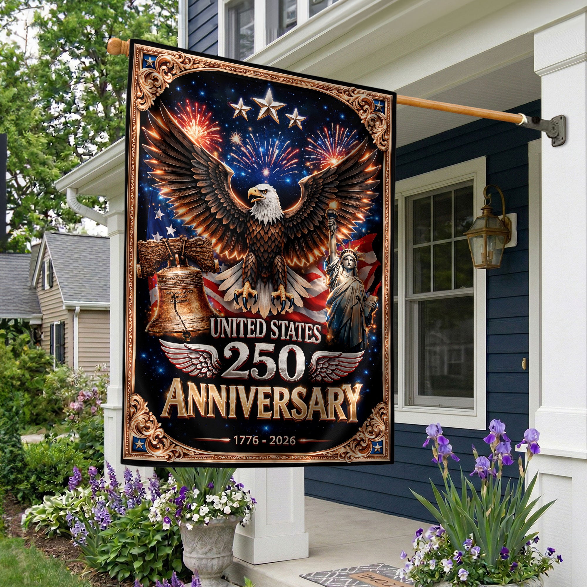 USA 250th Anniversary 1776-2026 House Flag Double Sided Patriotic Fireworks Liberty Design