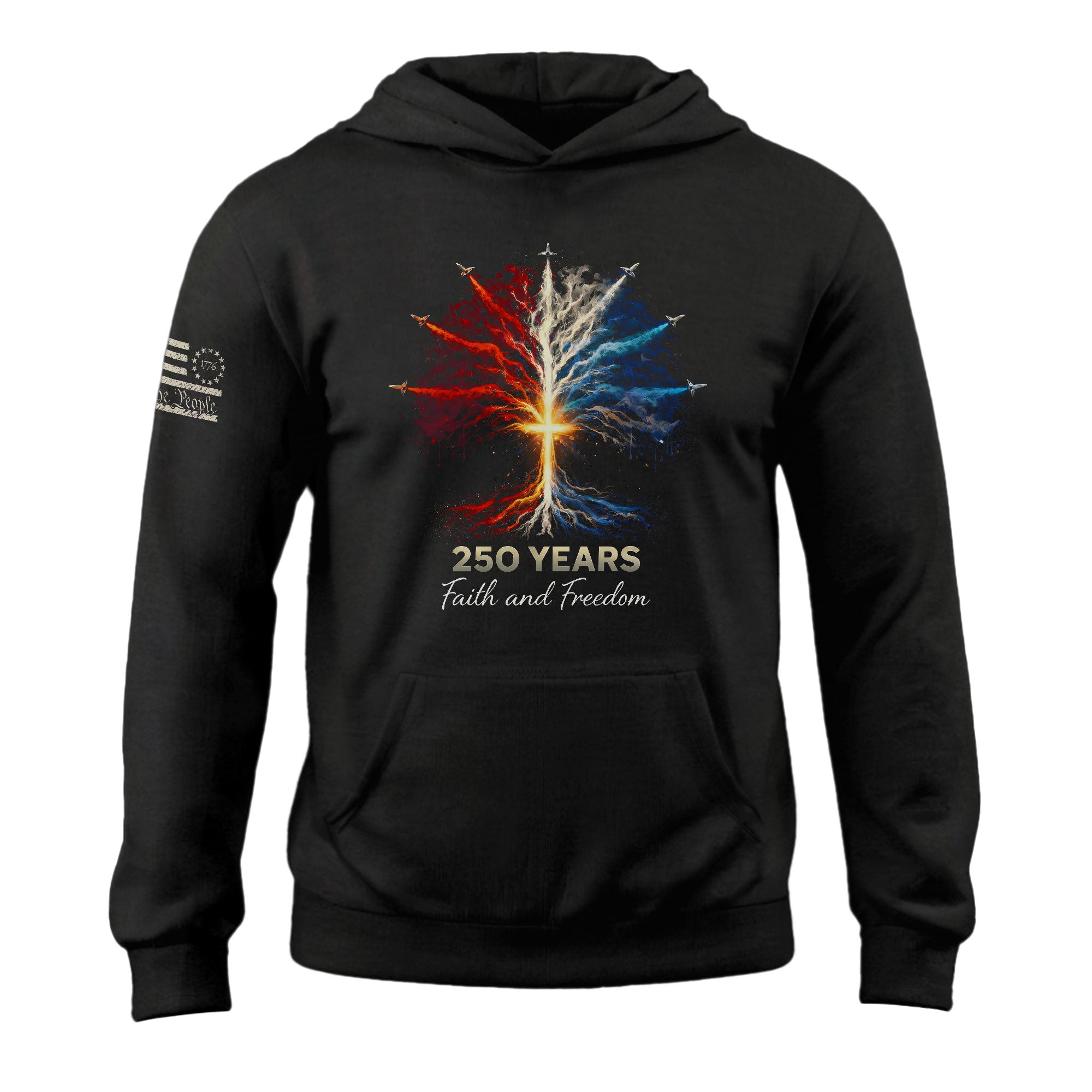 USA 250th Anniversary 1776-2026 Men's Hoodie - Tree of Life Jet Fighter Faith Freedom Patriotic