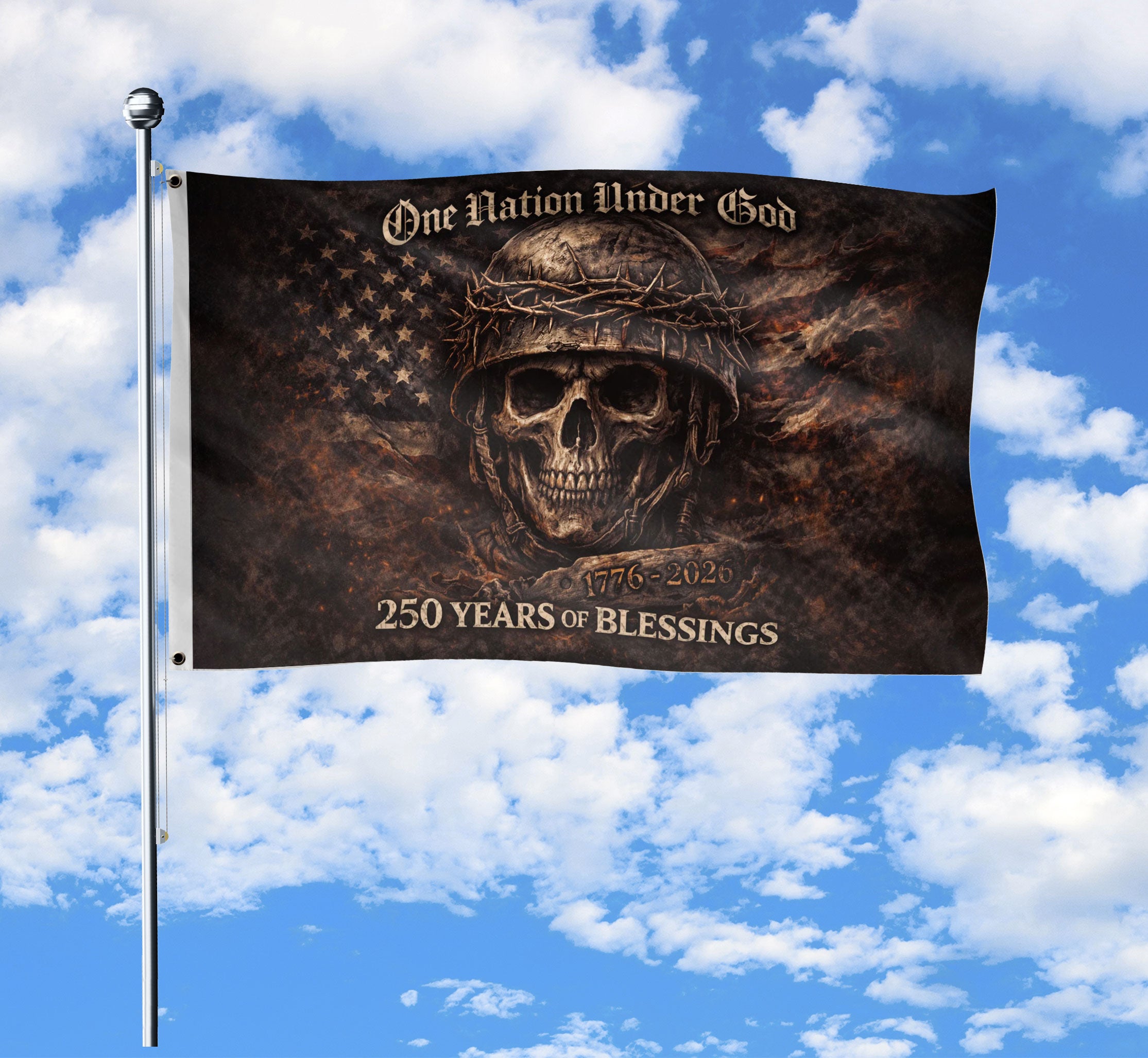USA 250th Anniversary 1776-2026 Skull Patriotic House Flag Banner One Nation Under God