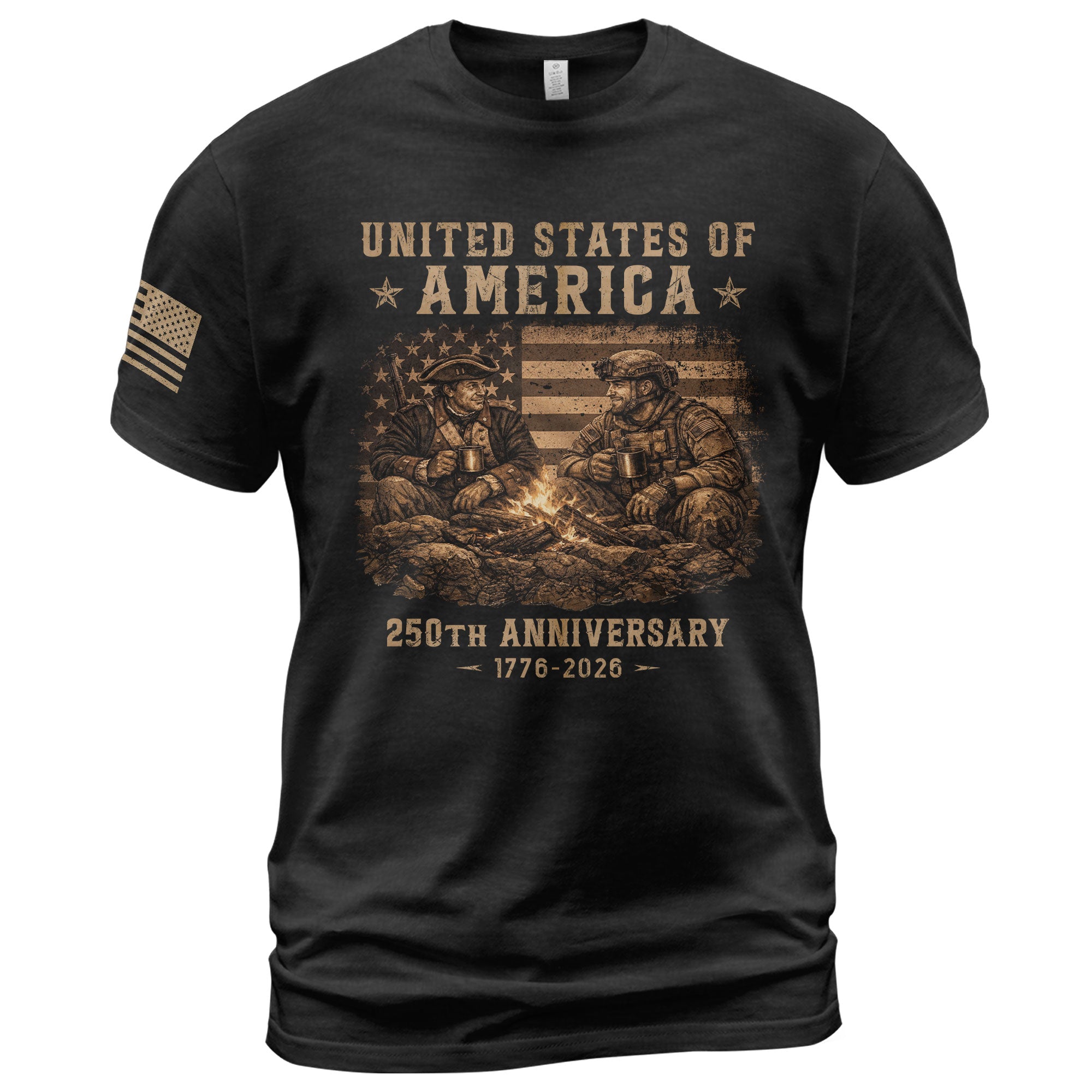 USA 250th Anniversary 1776-2026 T-Shirt Past Present Soldiers Patriotic Flag