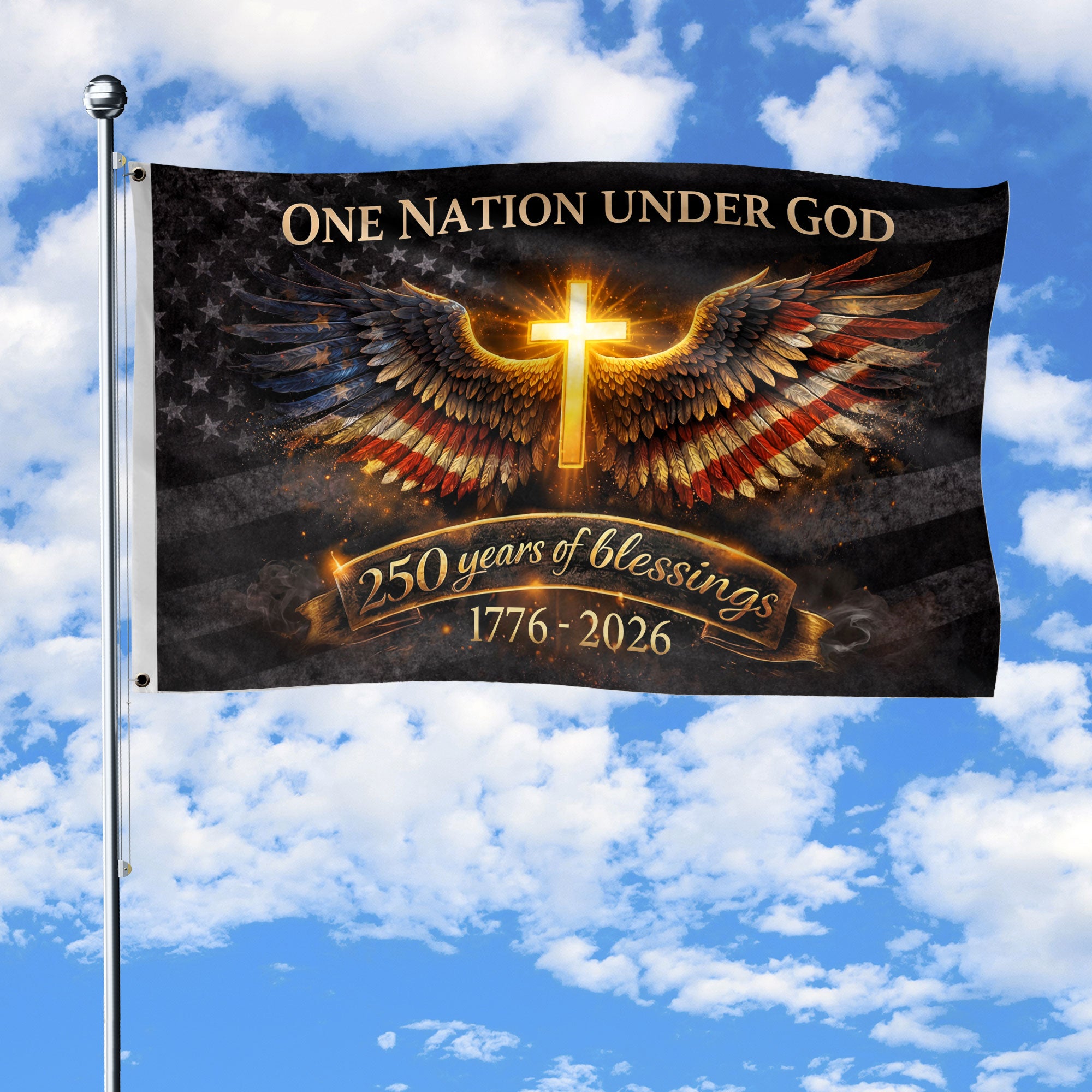 USA 250th Anniversary Cross Flag 1776-2026 Glowing Cross Angel Wings Double Sided Christian Banner