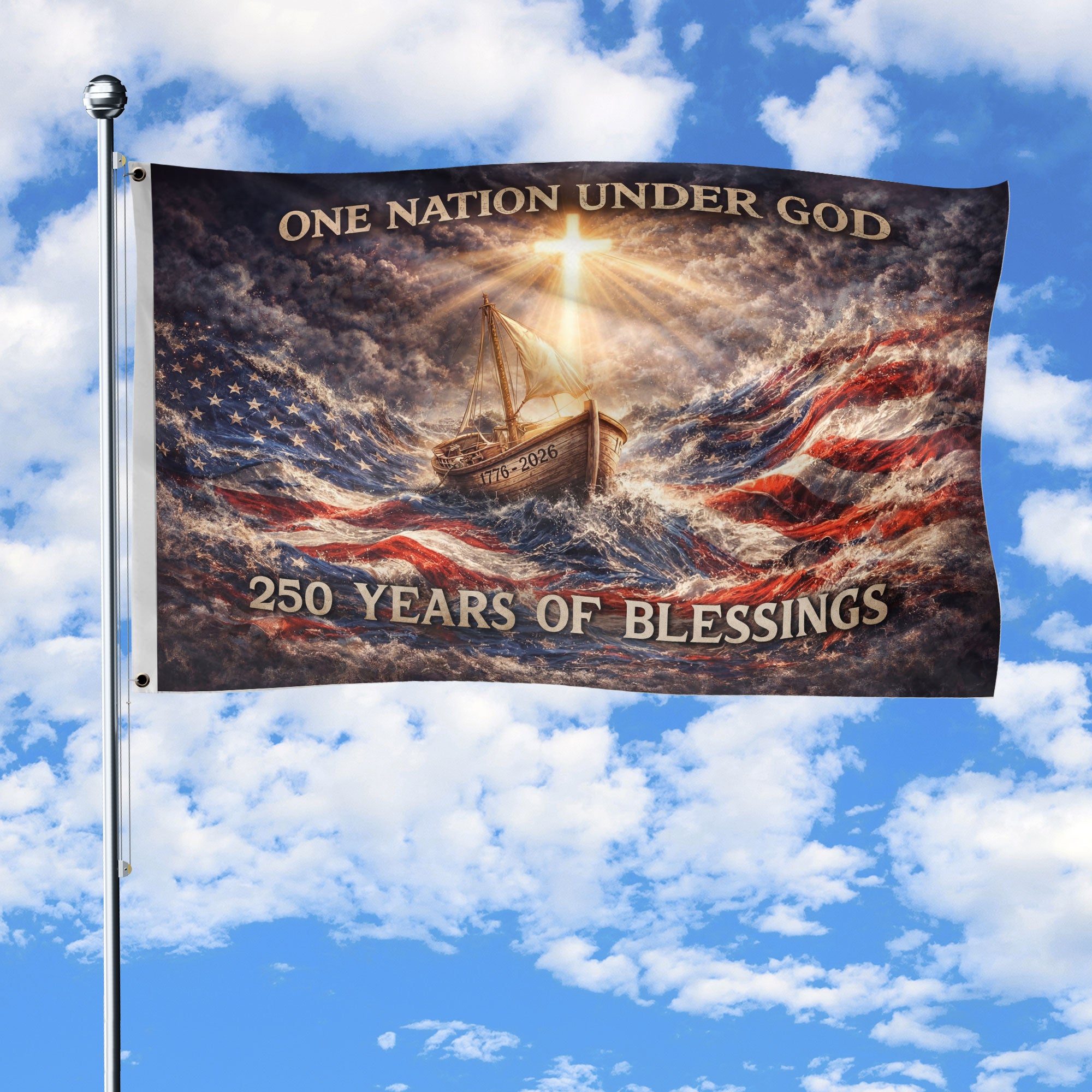 USA 250th Anniversary Double-Sided House Flag 1776-2026 One Nation Under God Sailing Ship
