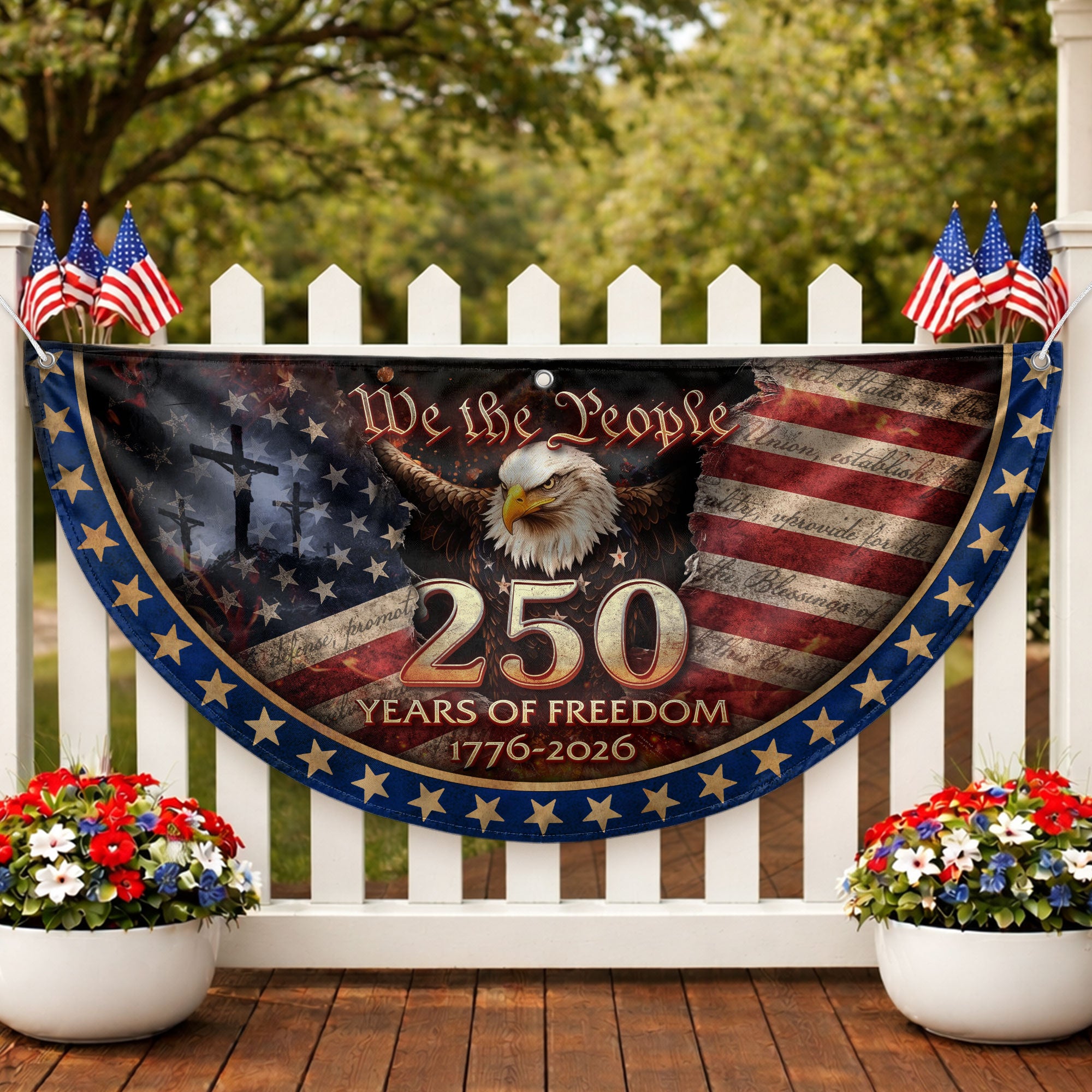 USA 250th Anniversary Fence Flag 1776-2026 American Flag with Cross We The People Patriotic Banner