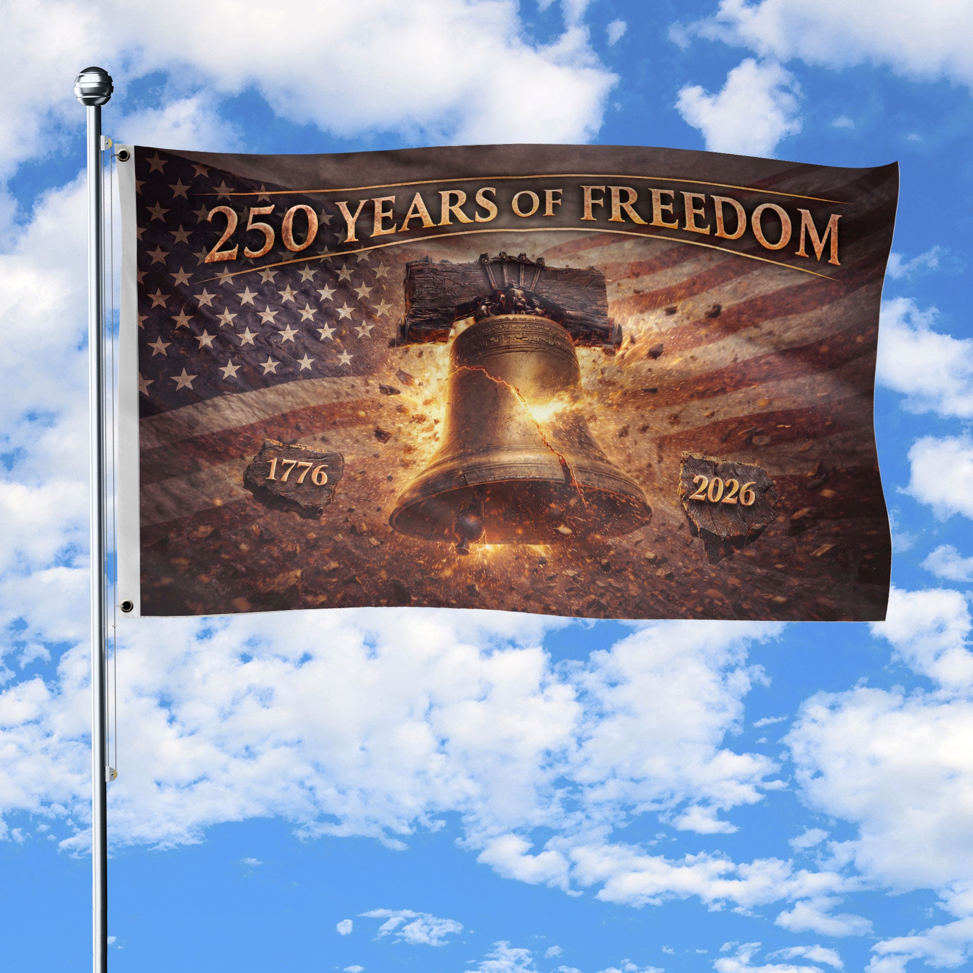 USA 250th Anniversary Freedom Flag 1776-2026 Glowing Liberty Bell Stars Double Sided House Banner