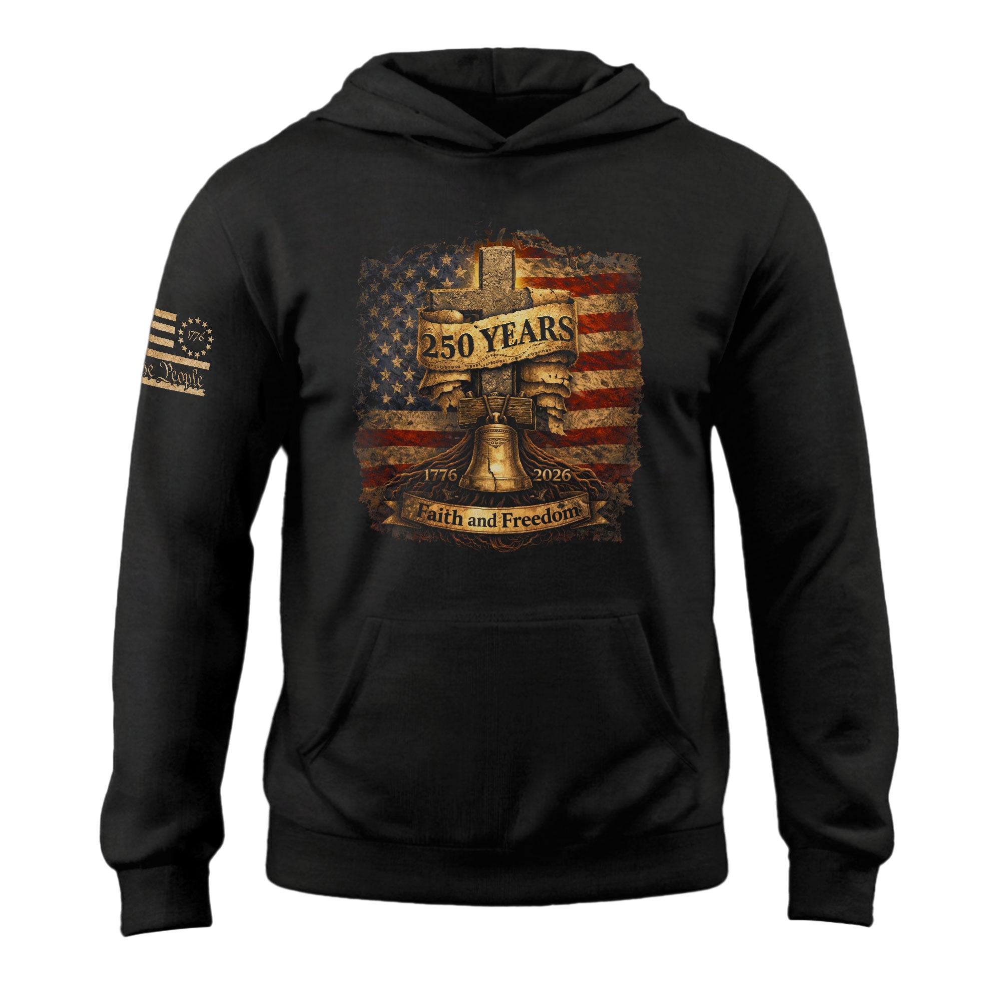 USA 250th Anniversary Hoodie 1776-2026 Christian Cross Liberty Bell Faith Freedom