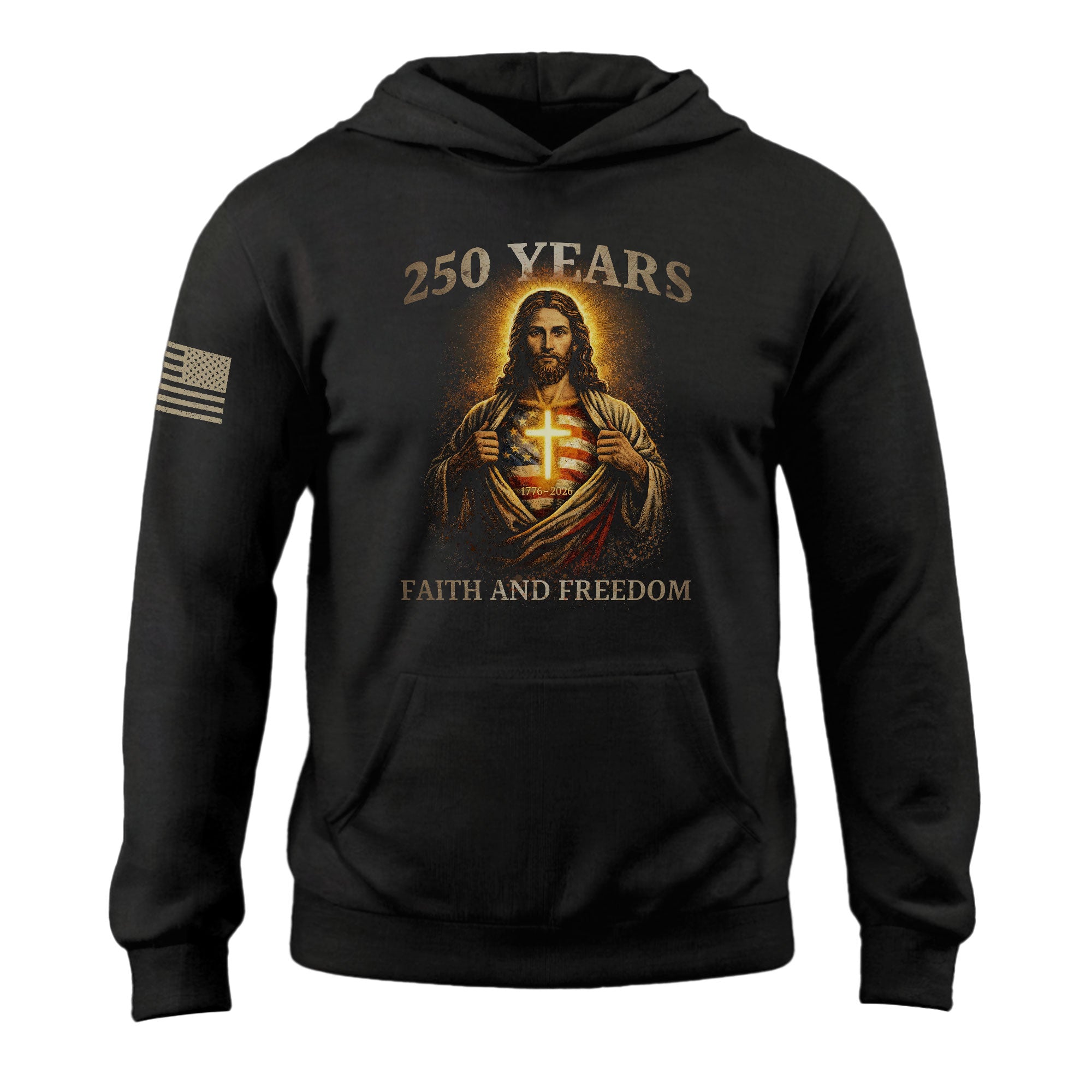 USA 250th Anniversary Hoodie 1776-2026 Jesus Cross US Flag Patriotic Men's Pullover