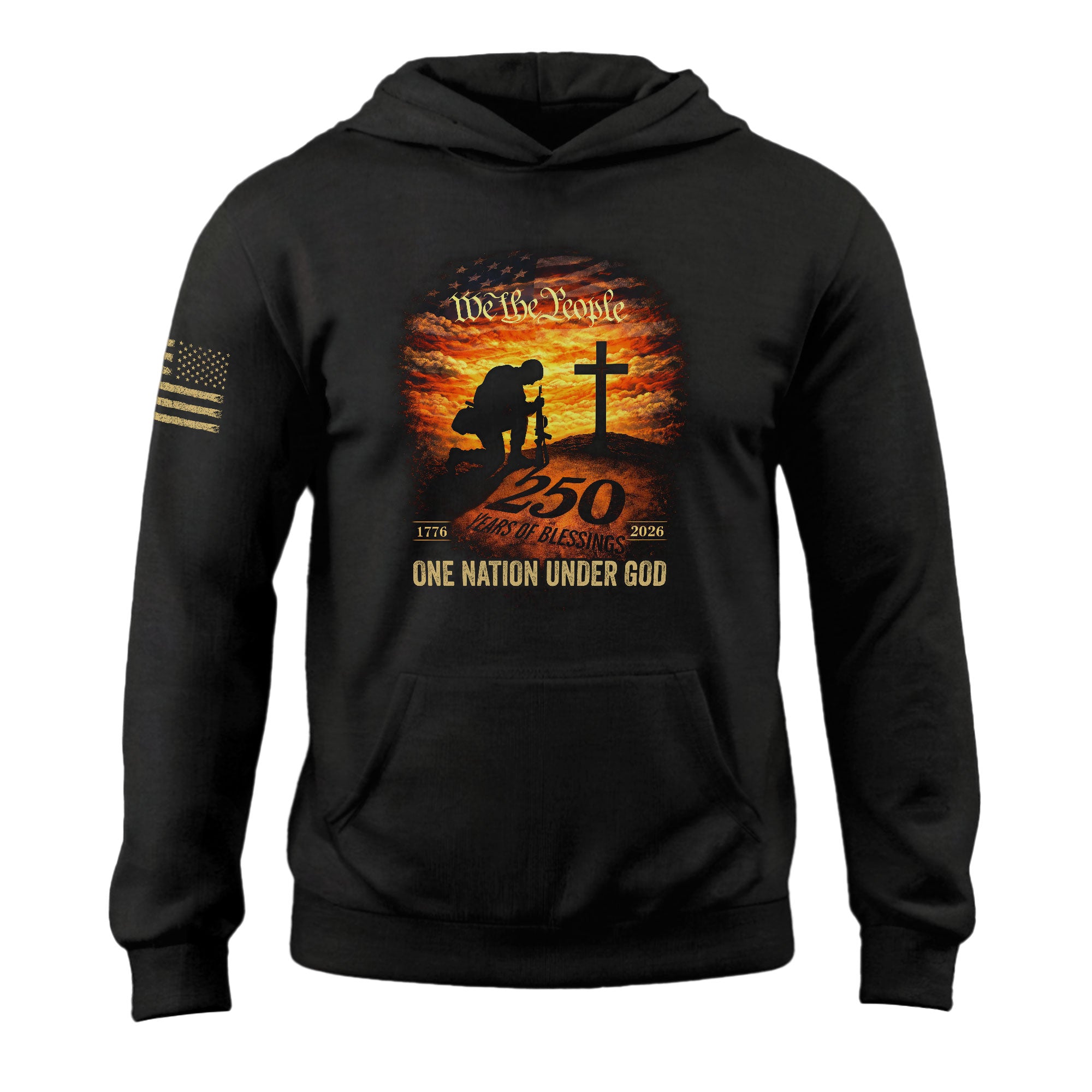 USA 250th Anniversary Hoodie 1776-2026 One Nation Under God Kneeling Soldier Cross