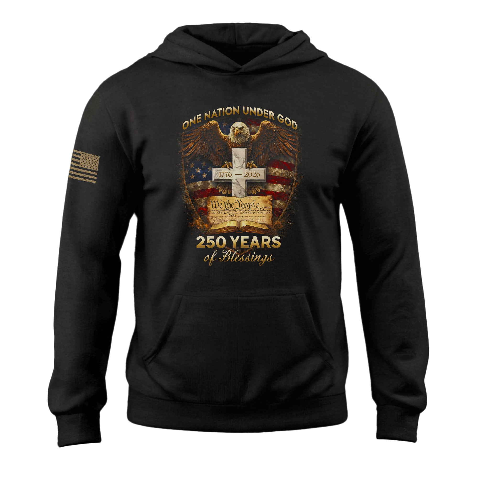 USA 250th Anniversary Hoodie 1776-2026 Patriotic Flag Eagle Cross One Nation Under God